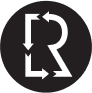 A black circle with two white arrows forming the letter R. One arrow points right and curves up, while the other points down and left, creating a geometric, stylized design.