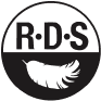 Black and white RDS logo with the letters RDS and two dots above a feather inside a circle.