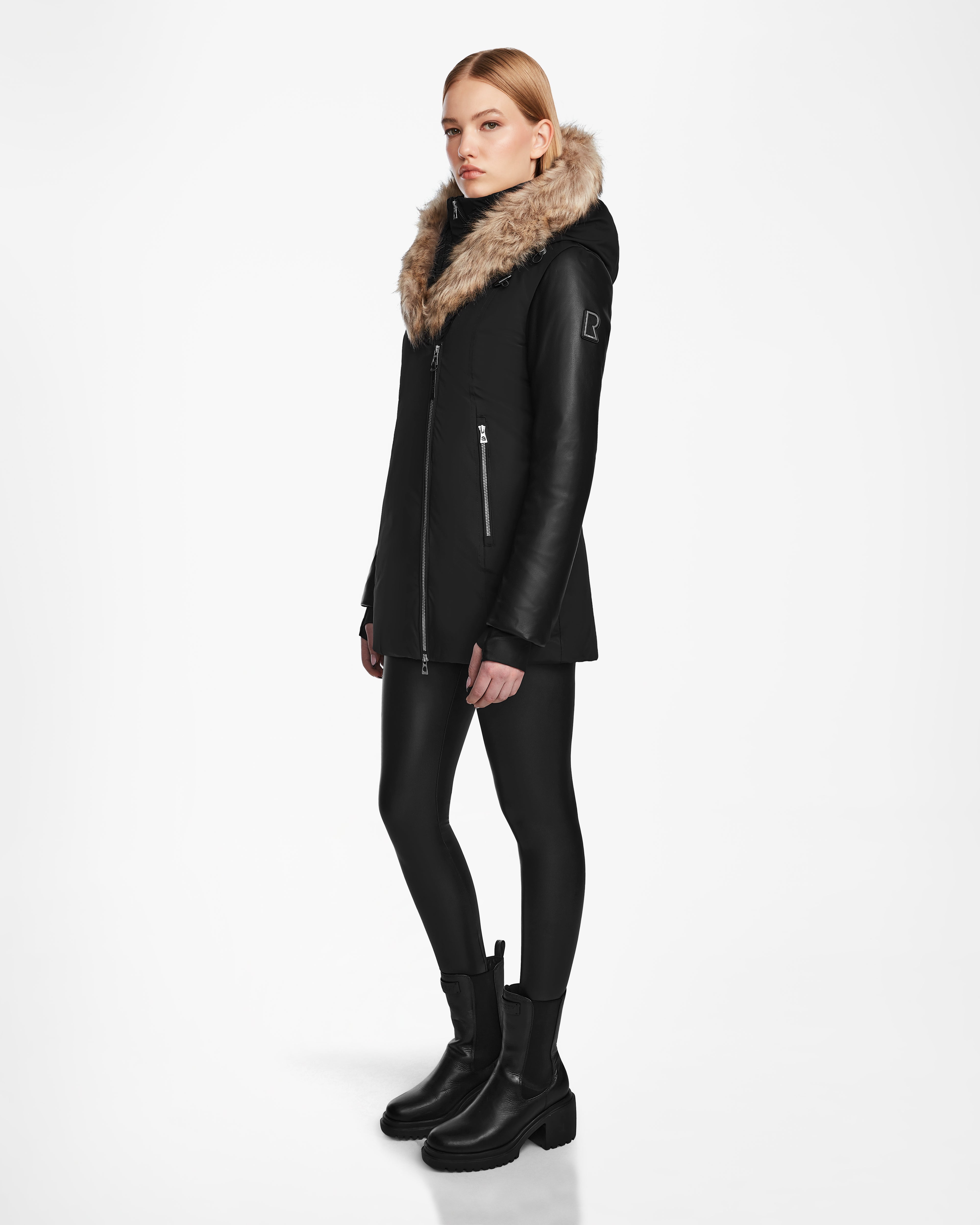 AURORE R Women's Black Down Parka | Faux Fur Trim & Vegan Leather