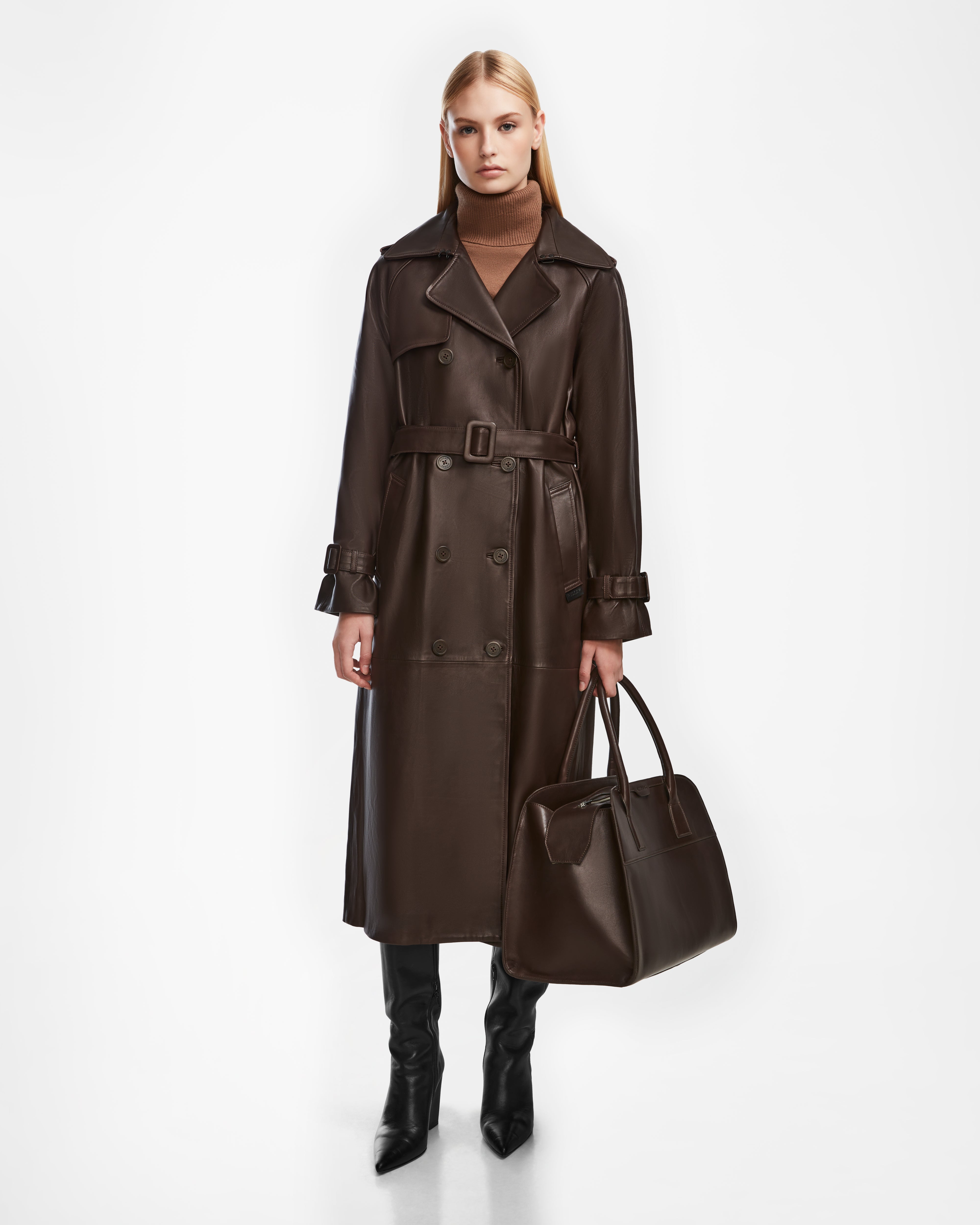 RUDSAK CASSIE L Women's Leather Trench Coat - Espresso | Tailored