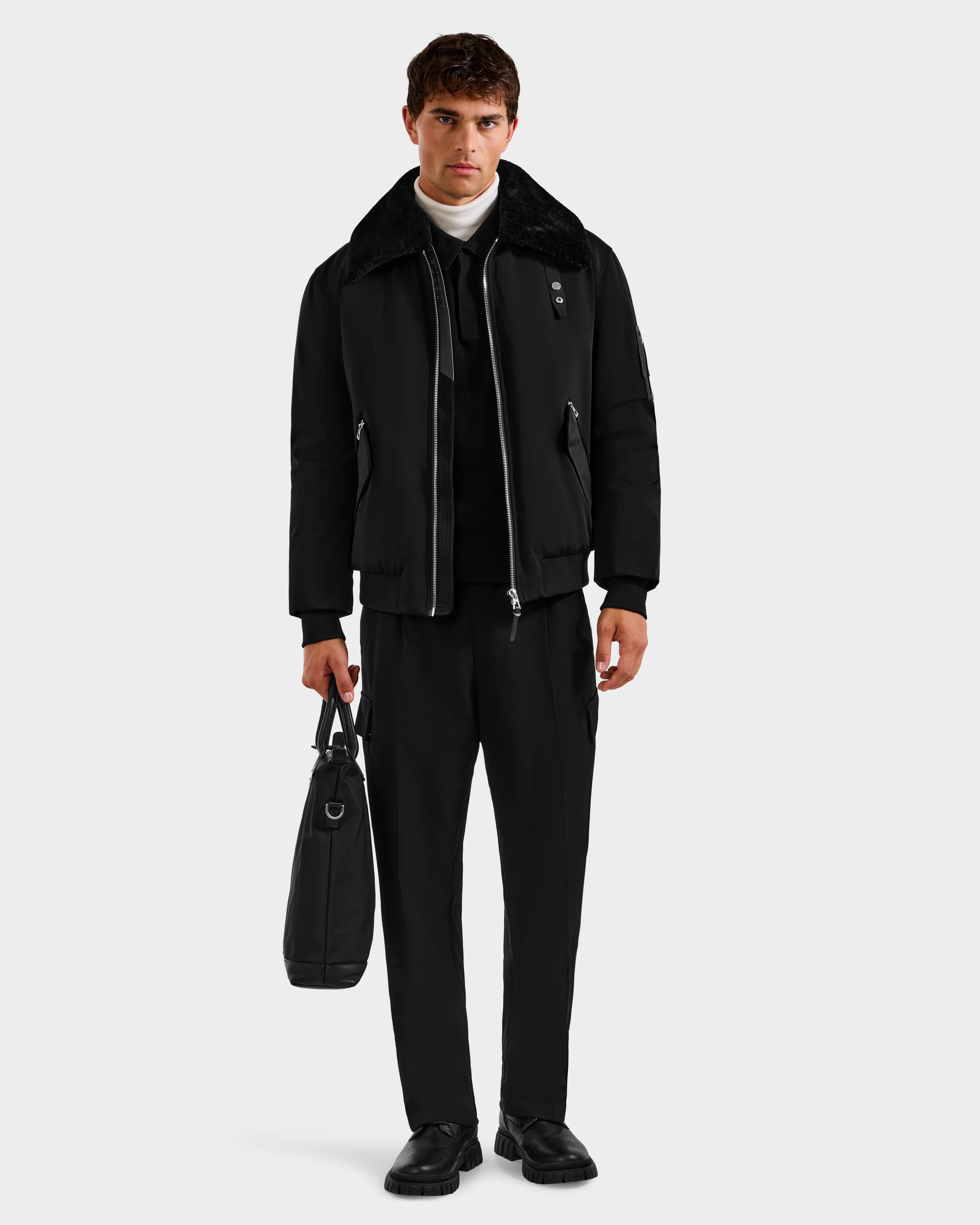 RUDSAK DYLAN Men's Black Aviator Bomber Jacket | Faux Fur