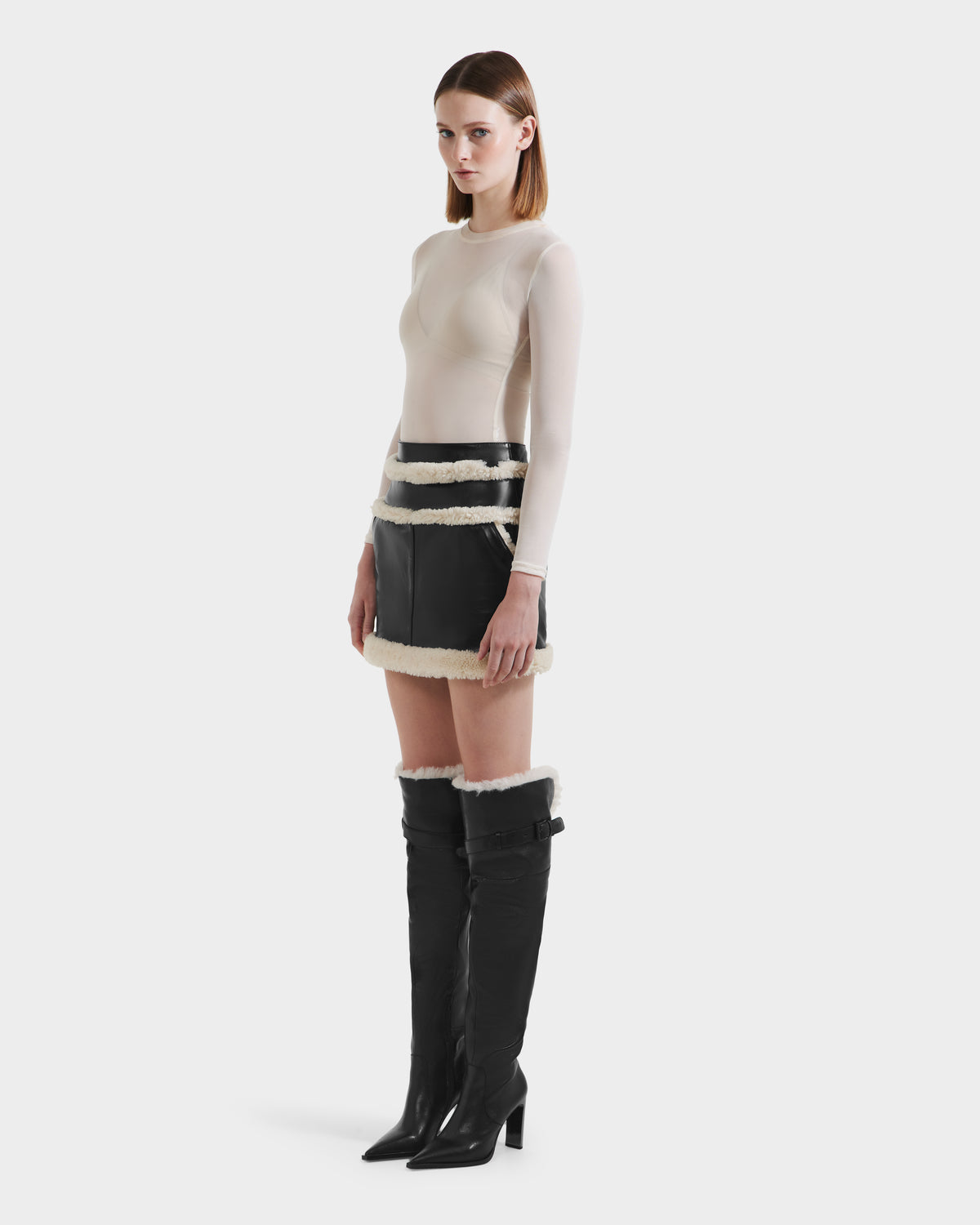 HAILEY Black Leather Mini Skirt - Shearling Trim & High-Rise – Rudsak