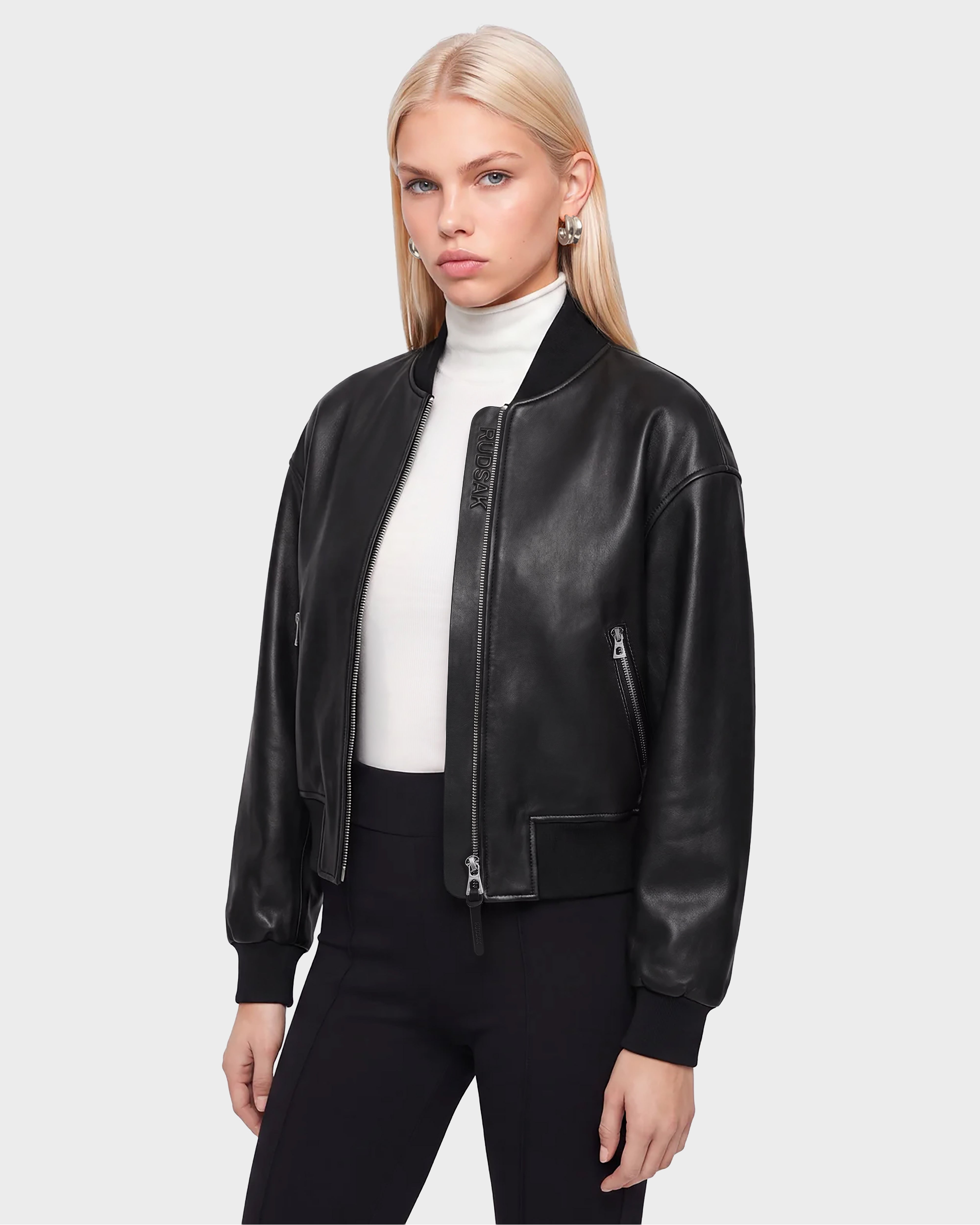 RUDSAK EMERSON Black Leather Bomber Jacket - Modern Cropped – Rudsak