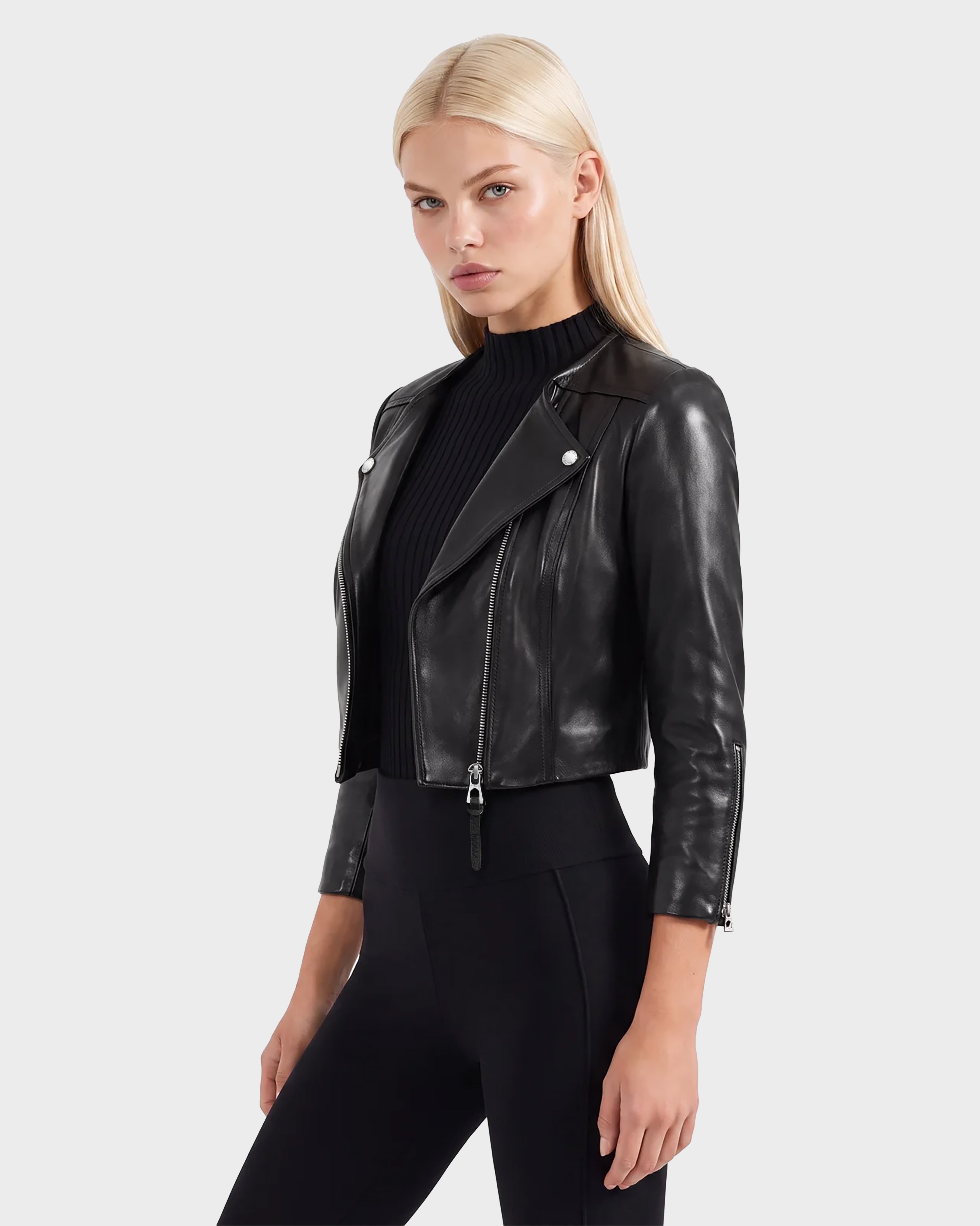 BLACK SHEEP レディースXXS WINNI Black Cropped Lamb Leather Biker Jacket | Edgy Chic – Rudsak
