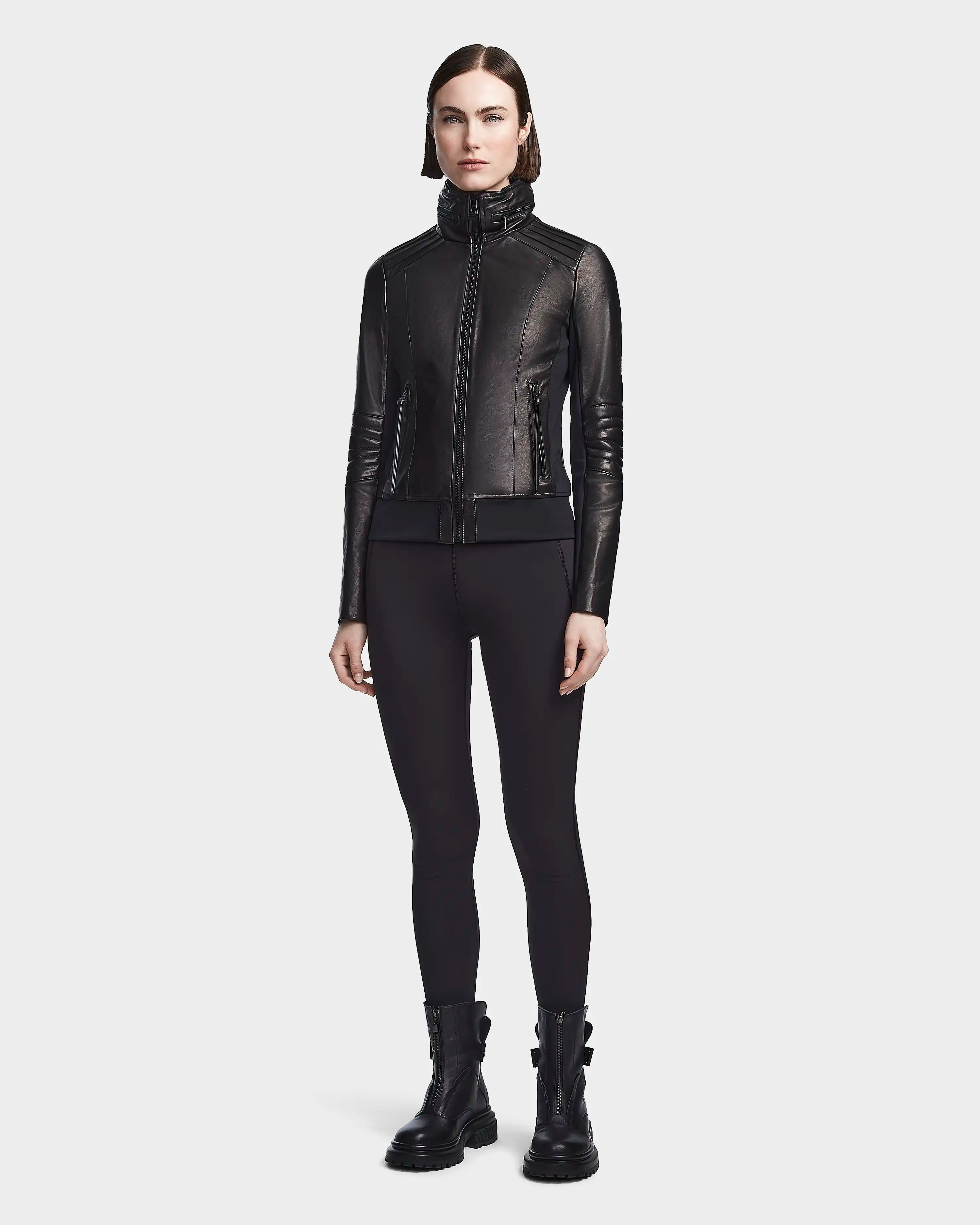 Women's leather moto jacket with neoprene PRESLEY BLACK | RUDSAK