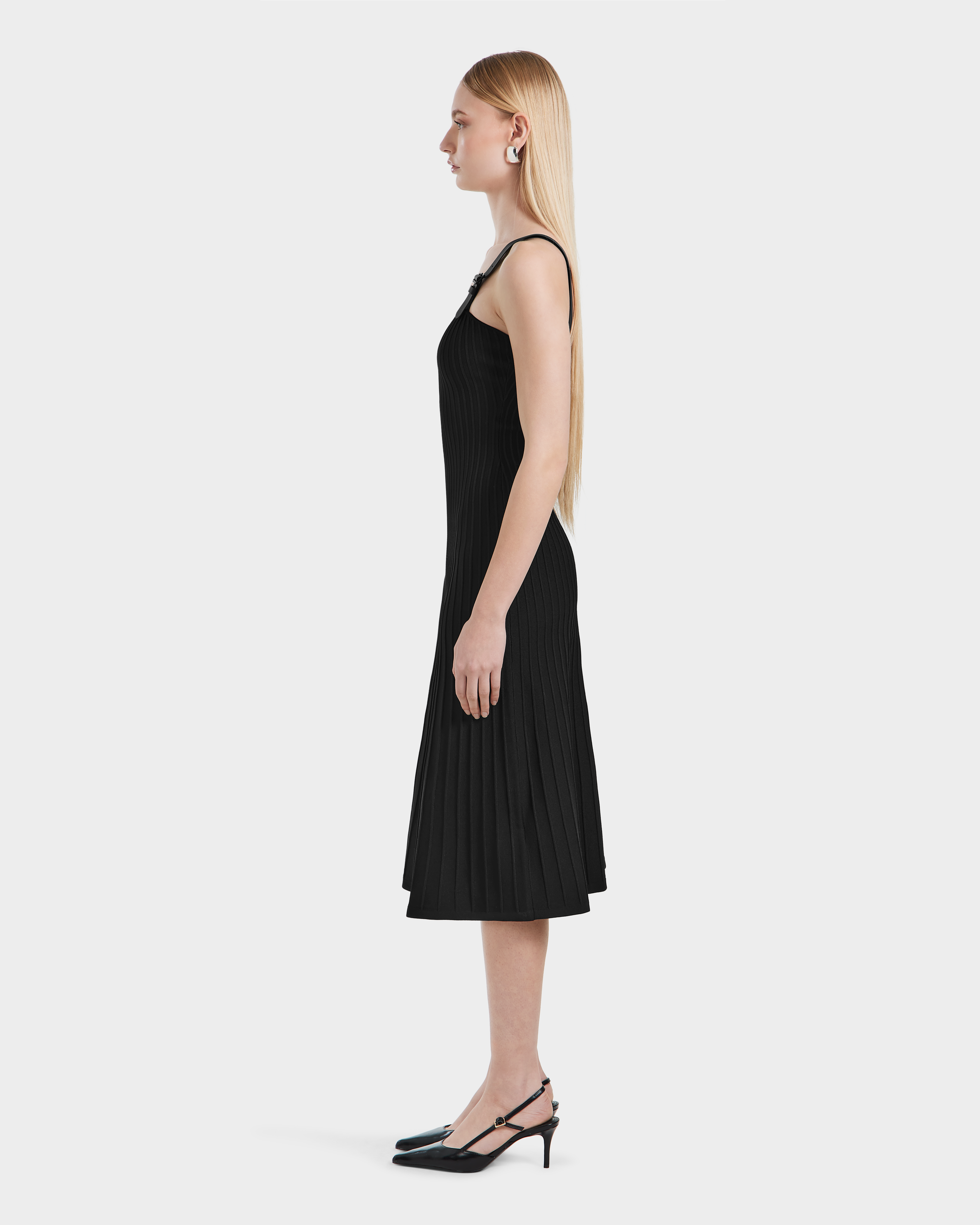 RUDSAK BENICIA Black Pleated Knit Dress | Vegan Leather Accent