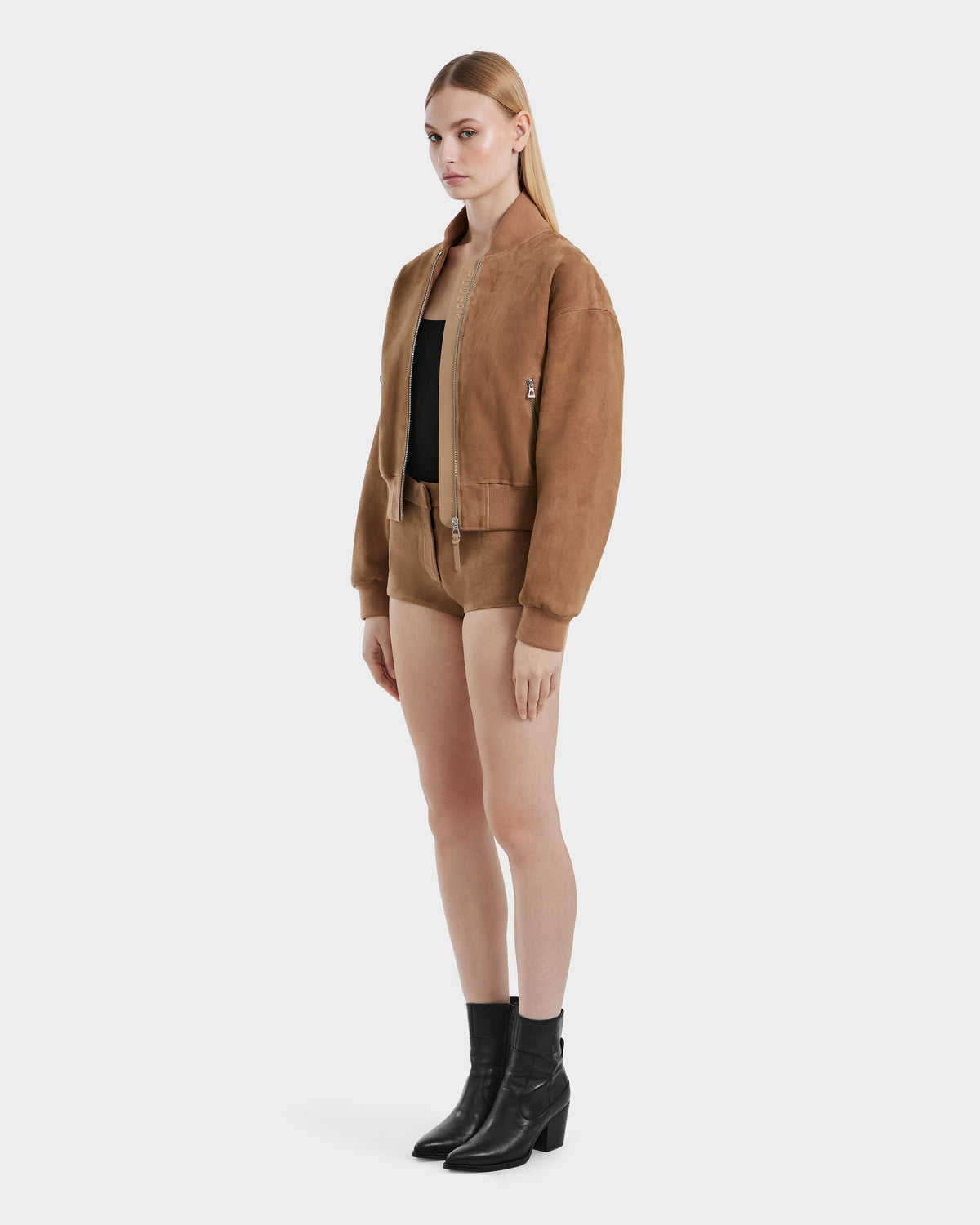 EMERSON SU Almond Suede Cropped Bomber Jacket - Luxury Outerwear