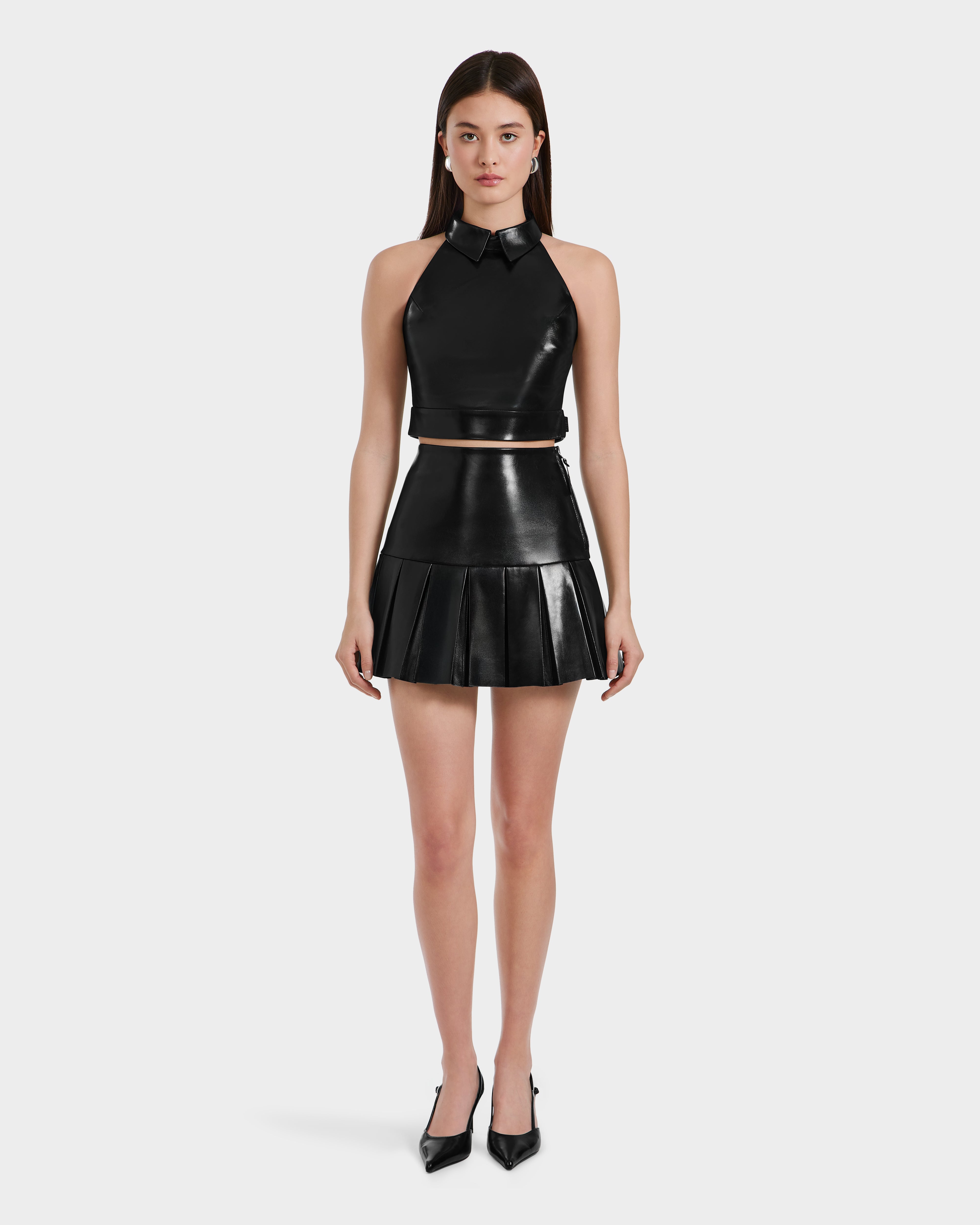 RUDSAK SOLANGE Black Pleated Leather Skirt Luxe Chic Women's - Main Image