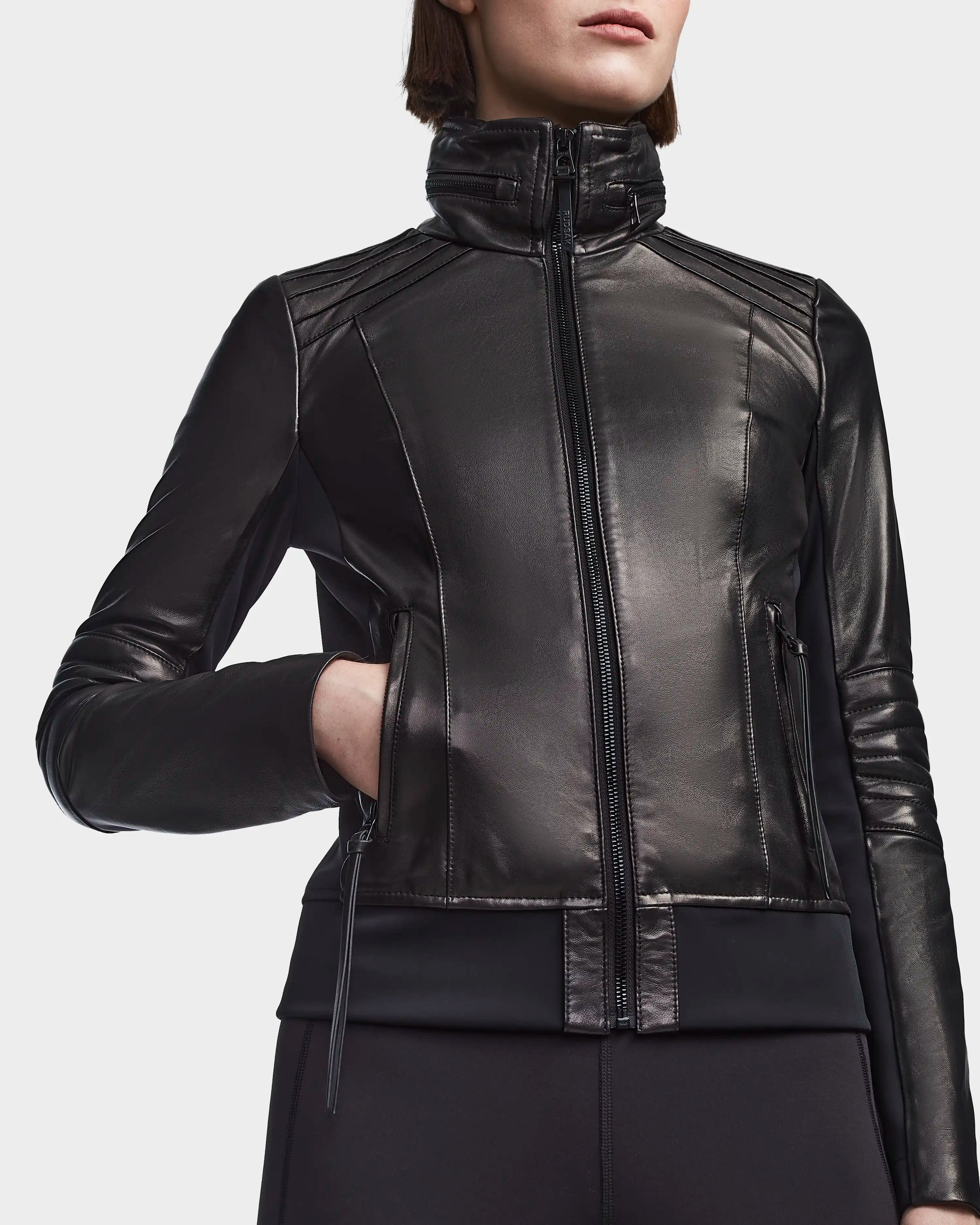 Women's leather moto jacket with neoprene PRESLEY BLACK | RUDSAK