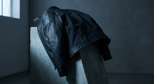 A premium black performance jacket displayed on a concrete surface under dramatic studio lighting, highlighting its craftsmanship and material detail.