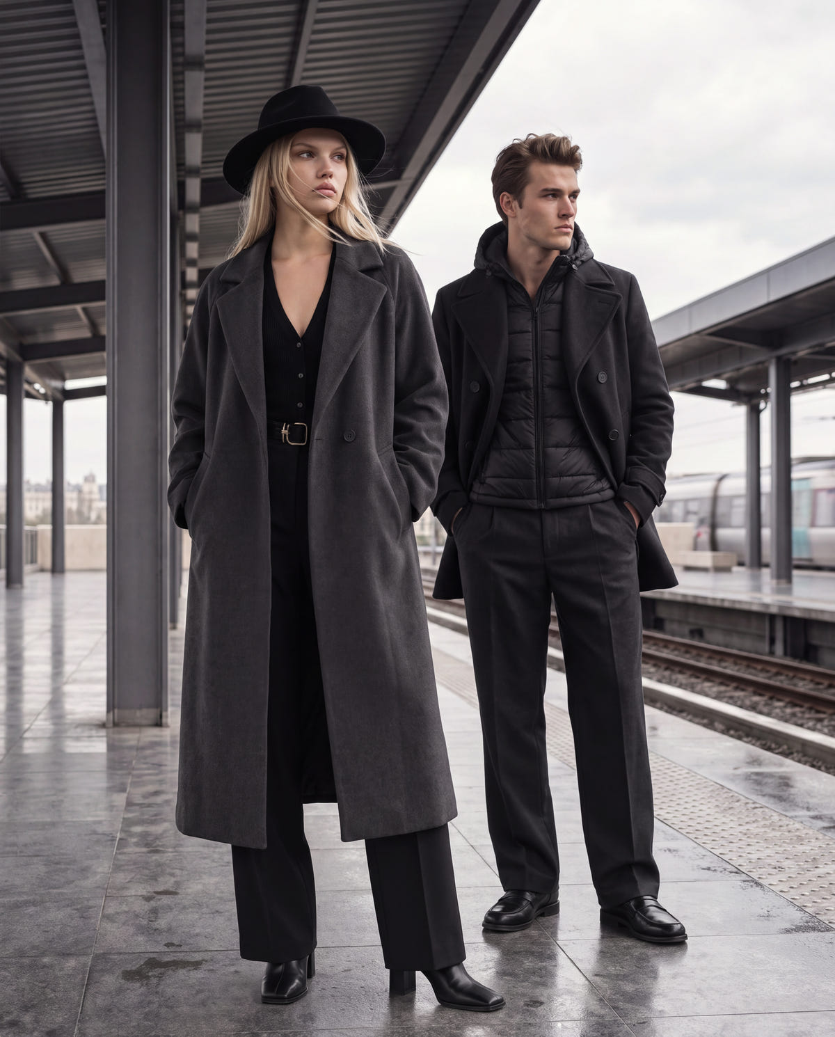A man and a woman stand on a train station platform wearing dark outerwear. The woman wears a long charcoal gray overcoat, black top, black pants, and a black wide-brim hat.
