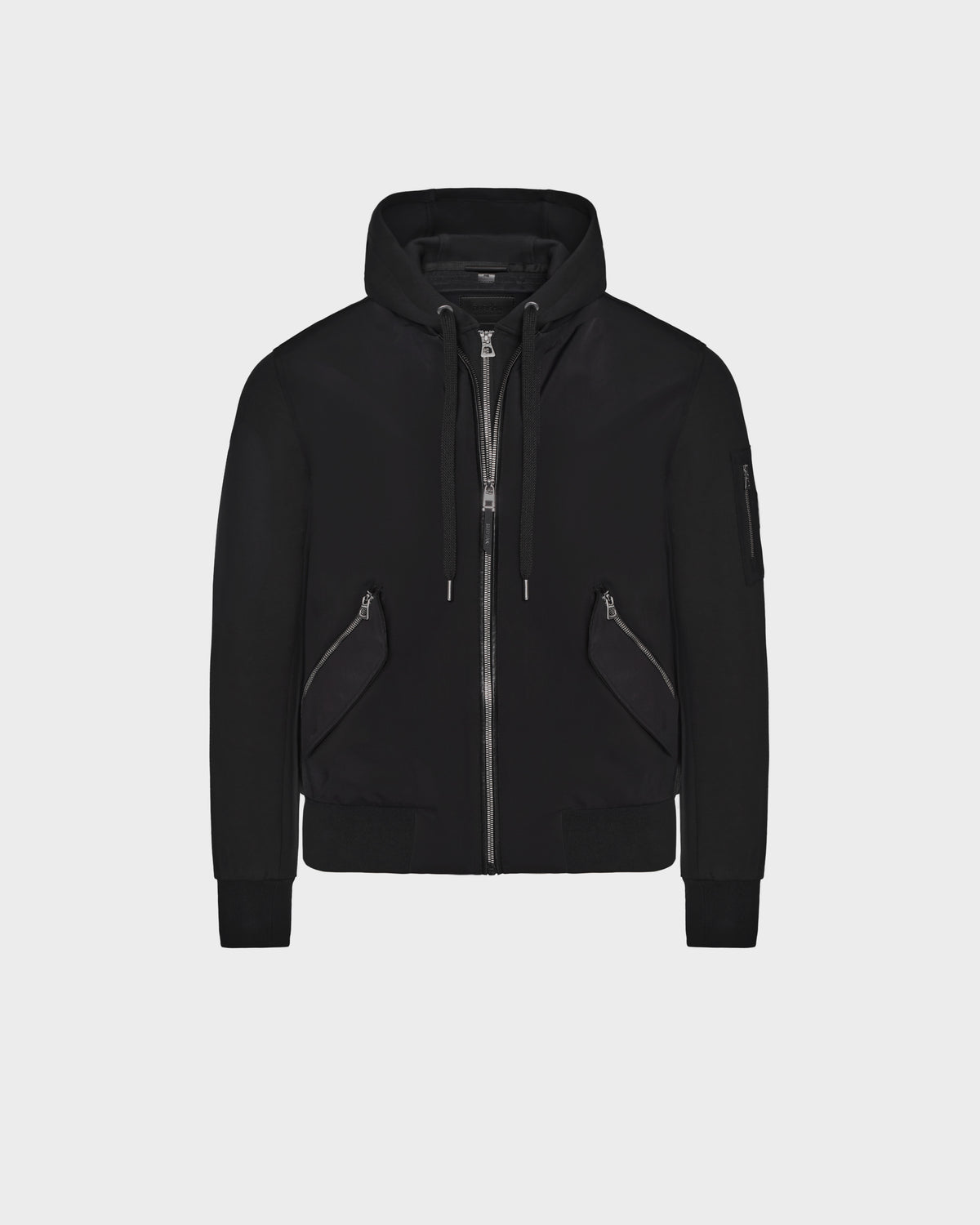 The Rudsak ANDRE - 6124020 Black men’s lightweight bomber jacket features a modern design with a front zipper, two angled zip pockets, ribbed cuffs and hem, adjustable hood drawstrings, and a removable hooded bib. Shown on white background.