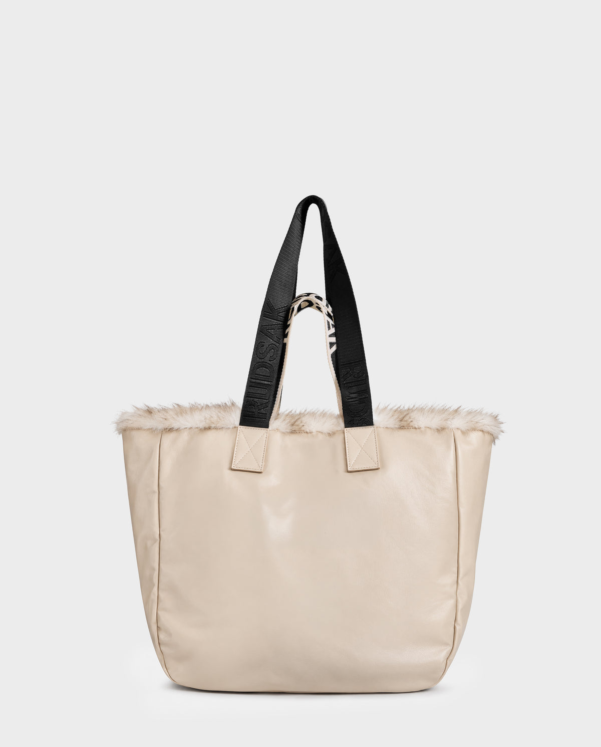 Rudsak ANNIAH 8325541 Vanilla/Mix Vanilla off-white faux shearling tote bag trimmed with faux fur, featuring black webbing shoulder straps.