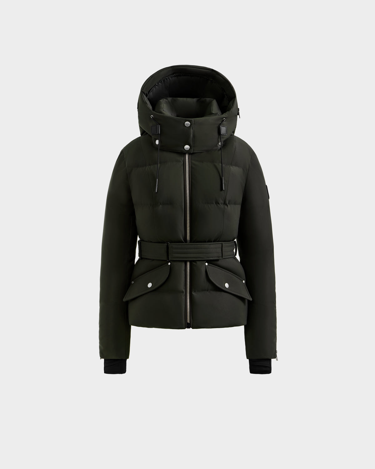 The Rudsak ADELINE H - 8125587 women’s down puffer jacket in dark olive features a hood, high collar, front zipper, belted waist, large flap pockets, and black cuffs, shown on a light gray background.