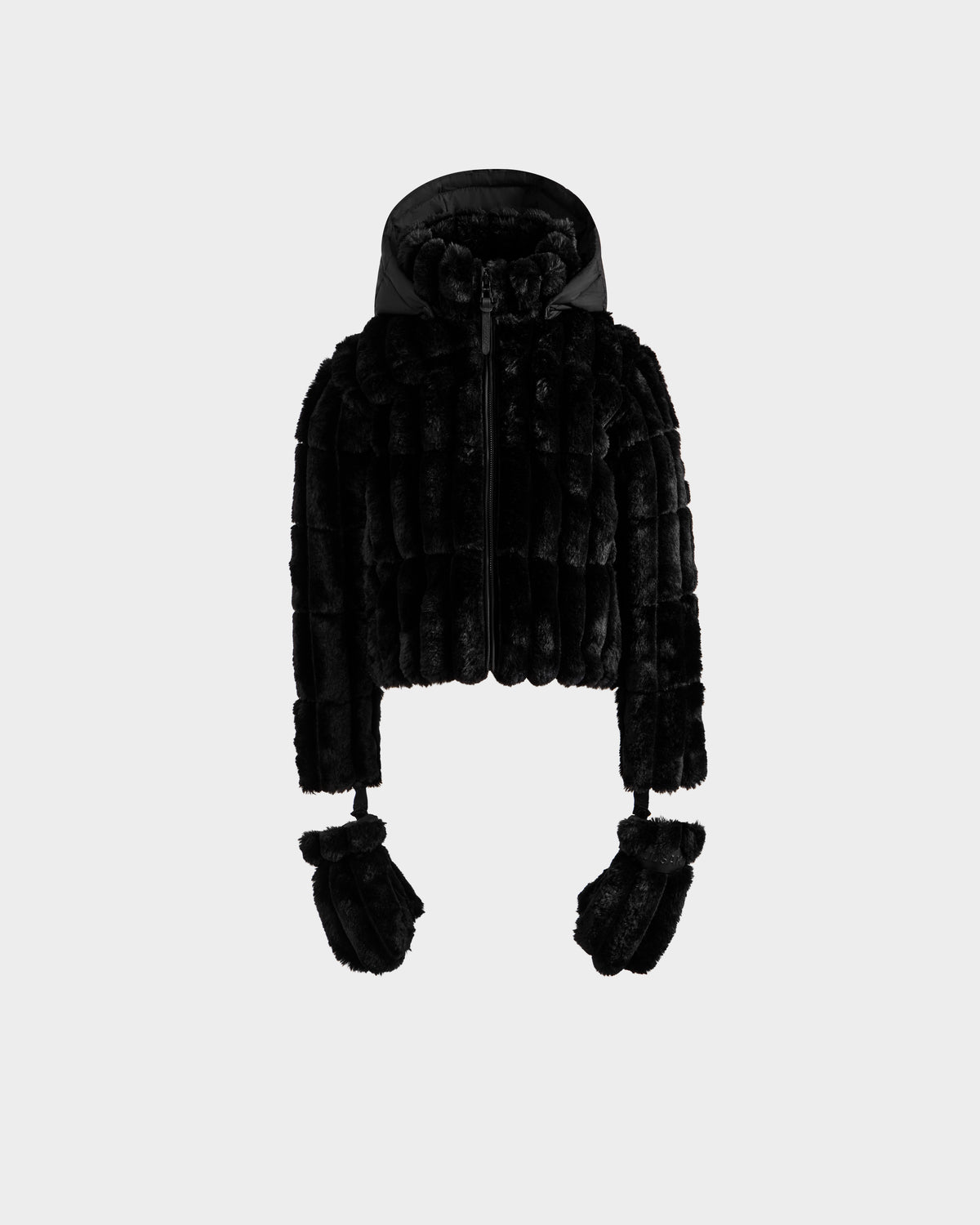The Rudsak ANASTASIA K - 0125000 Black is a black faux fur shell cropped jacket with a hood and detachable mittens, shown on a plain light gray background.