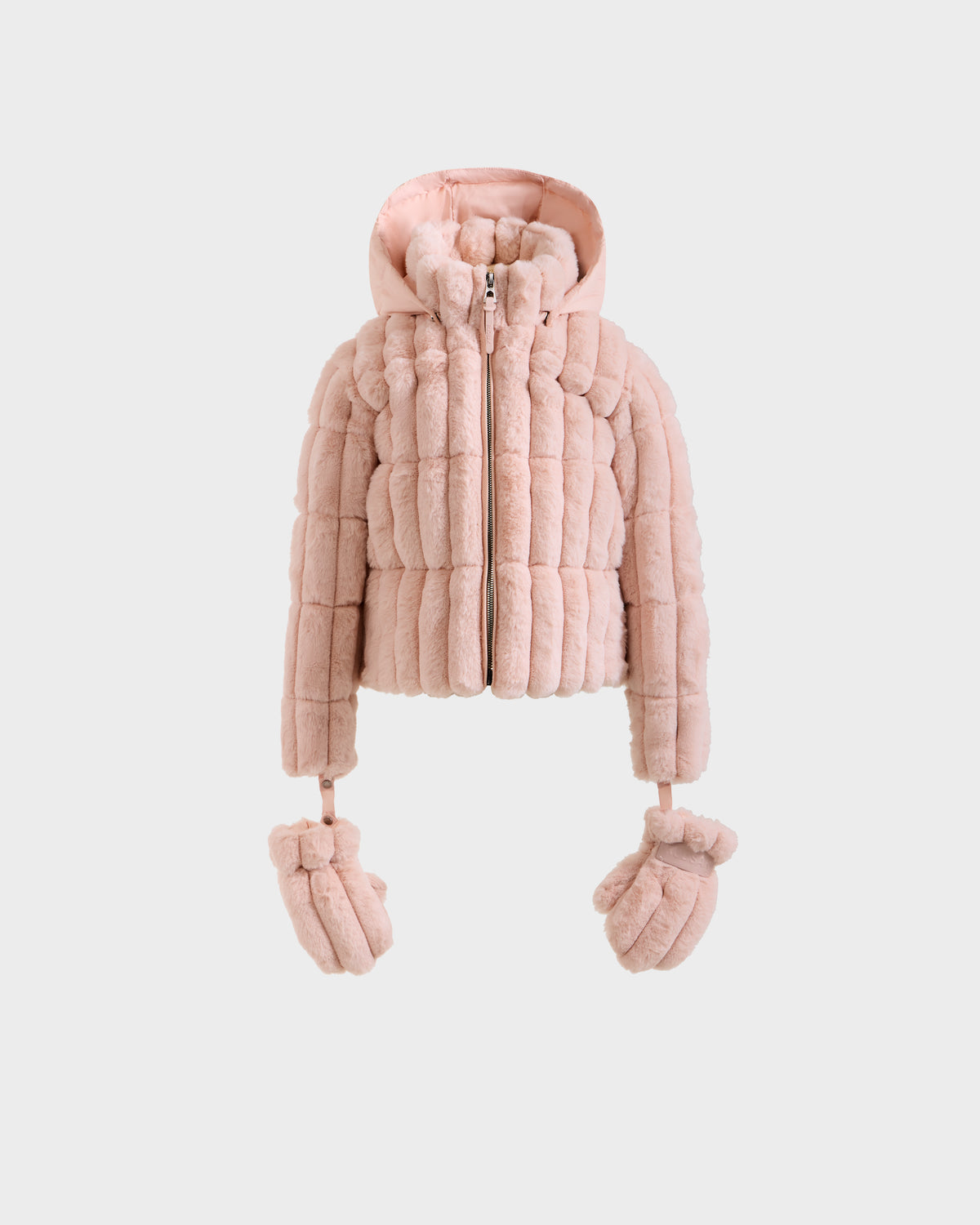 The Rudsak ANASTASIA K - 0125000 Pastel Pink girl’s puffer jacket features a quilted faux fur shell, hood, and matching attached mittens, shown against a plain white background.