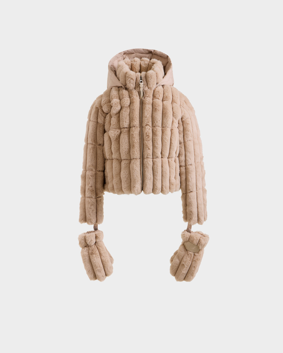 The Rudsak ANASTASIA K - 0125000 Vanilla is a cropped beige girl's puffer jacket with a hood and attached faux fur mittens, shown on a plain white background.