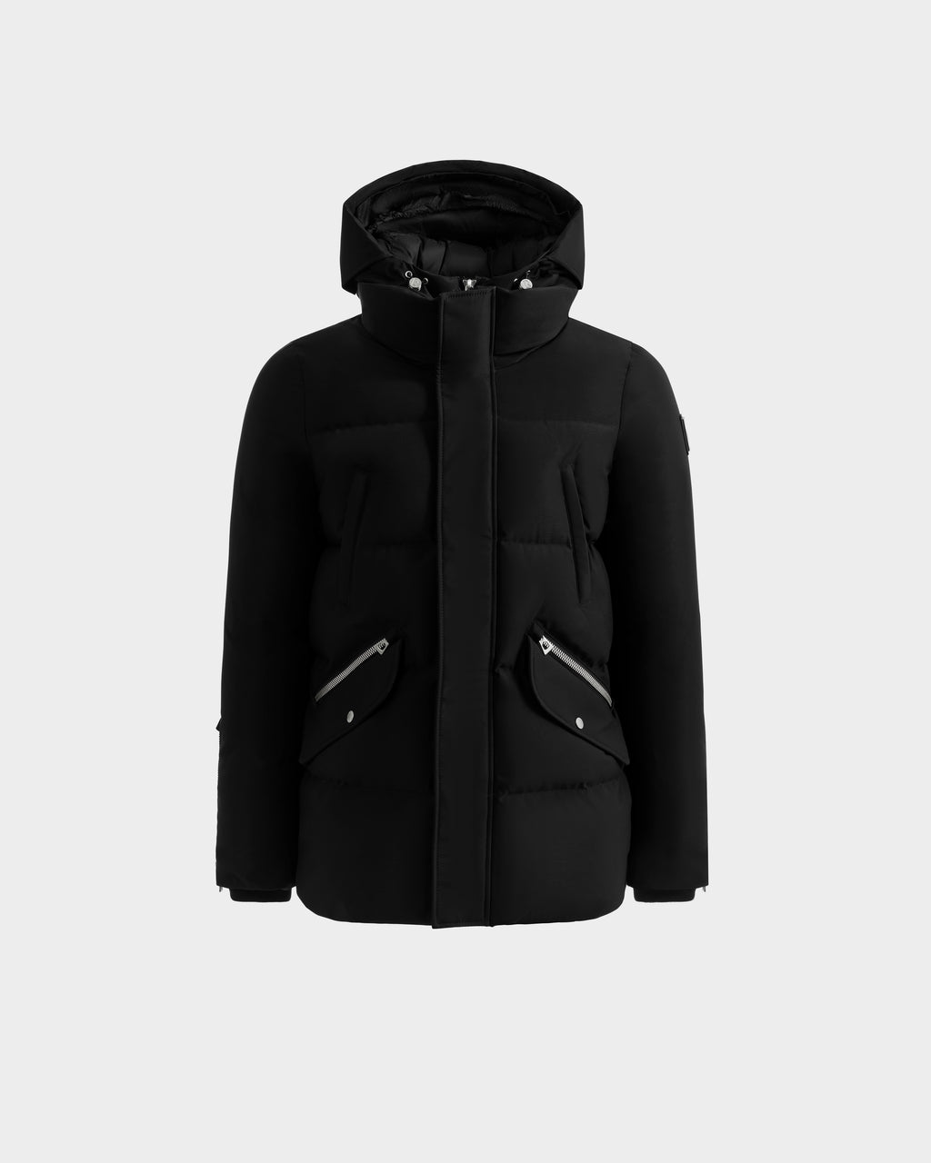 The APOLLO - 6125693 Black by Rudsak is a black hooded winter jacket with two zippered front pockets and a high collar, shown against a plain light gray background.