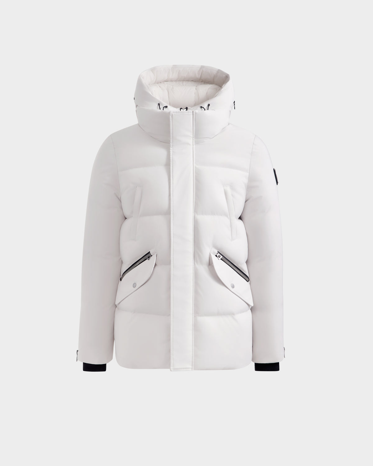 The Rudsak APOLLO H - 6125690 Vanilla is a men's white quilted down parka with a hood, front zipper, two diagonal zippered pockets, black cuff accents, snap side buttons, and premium down fill for superior winter performance.