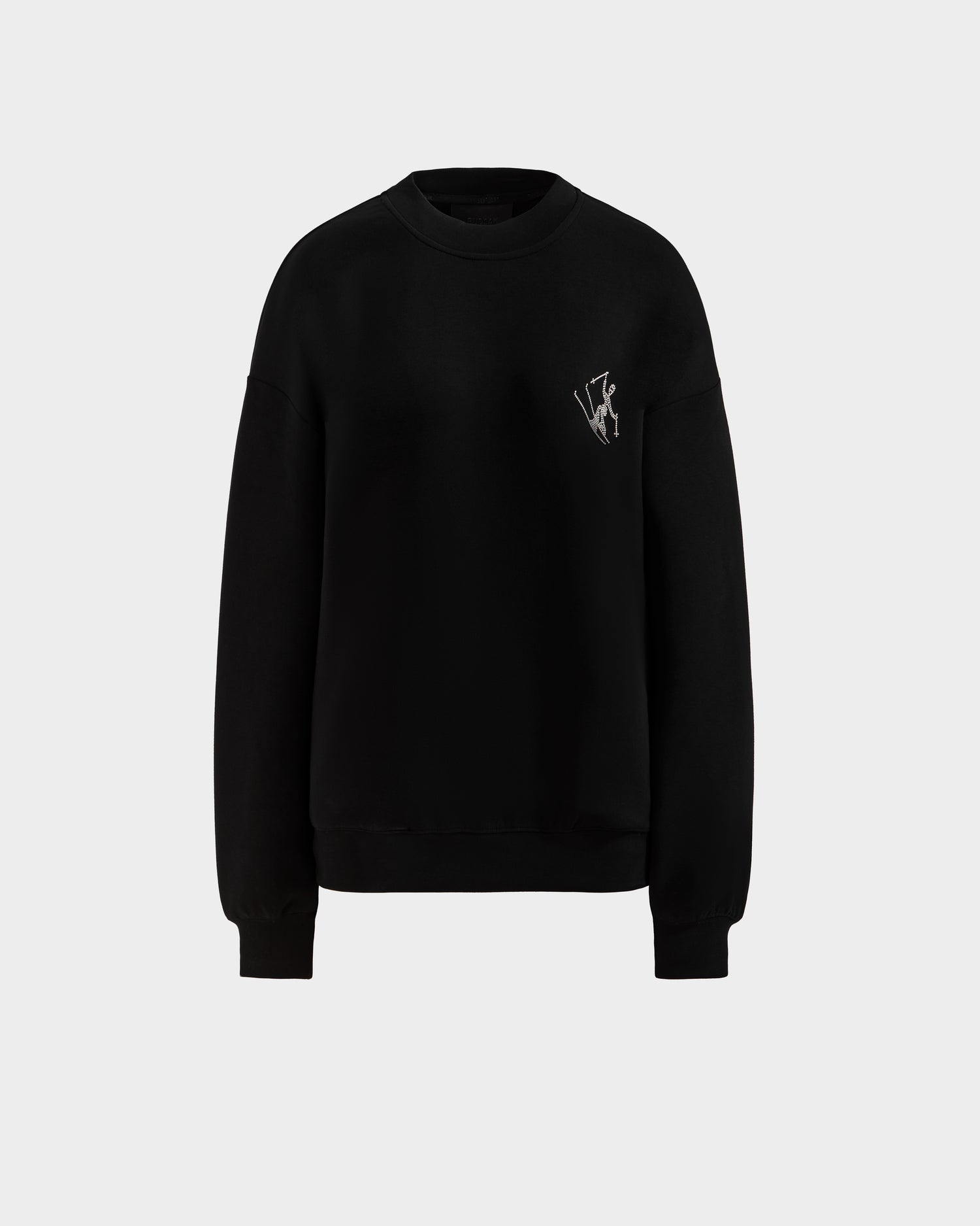 The ARIA - 8525661 Black women’s crewneck sweatshirt by Rudsak features long sleeves and a small white embroidered logo on the left chest, displayed against a light gray background—perfect for après-ski lounging.