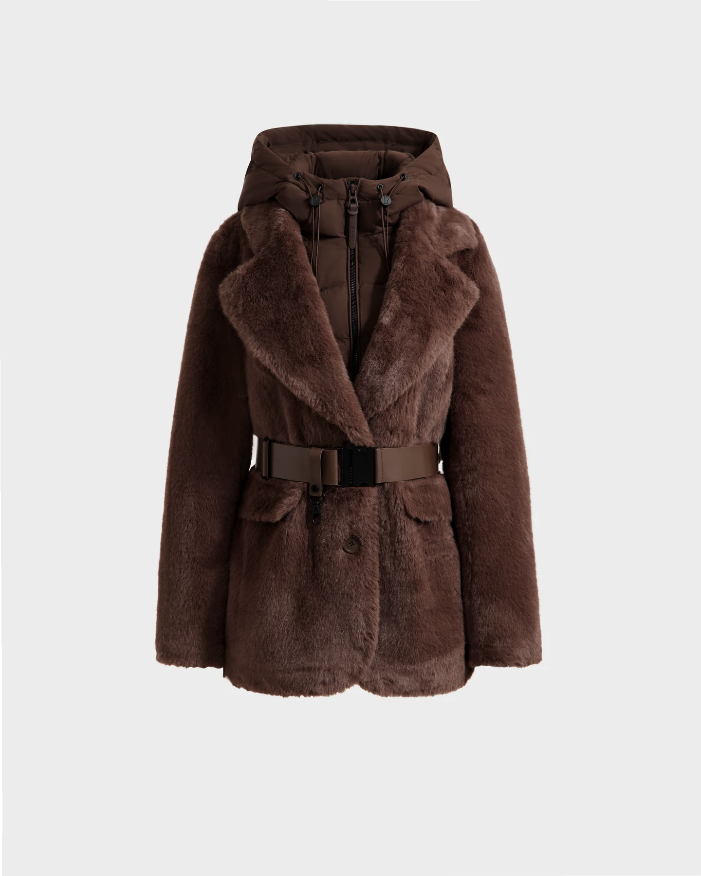 The Rudsak ASPEN F - 8125604 Mocha women’s faux fur jacket features a hood, wide lapels, belted waist, button closure, and front pockets—perfect for elevating your cold-weather style. Shown on a light gray background.