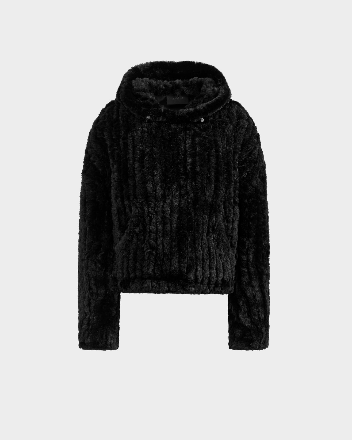 The AUGUST - 8525658 Black hoodie by Rudsak features black faux fur, long sleeves, and a relaxed fit—ideal for cozy winter lounging. Shown against a plain light gray background.