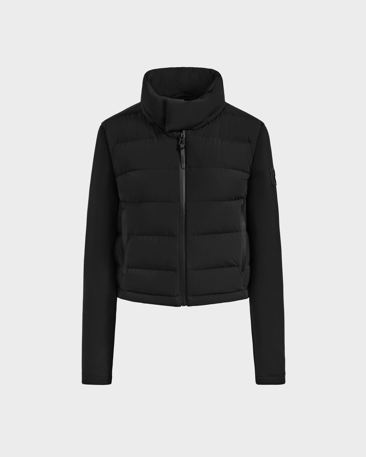 The Rudsak AUSHA - 8125026 Black womens cropped down jacket features a black, lightweight, long-sleeve zip-up design with a high collar and horizontal quilting, plus smooth fabric on the sleeves and sides. Shown against a plain white background.