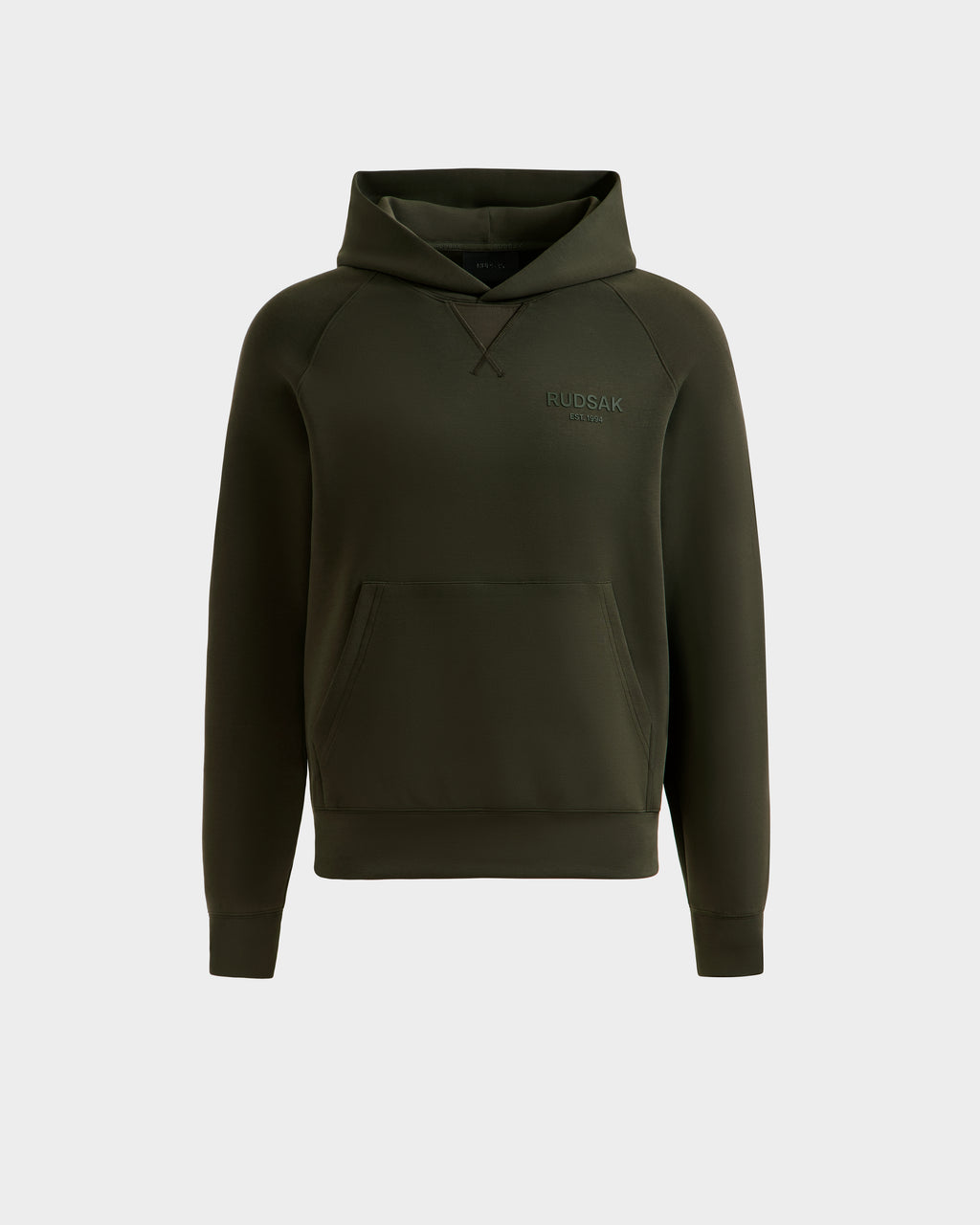 The Rudsak BARRY - 9524011 hoodie in Dark Olive (size M) is an oversized style with a front pocket and subtle chest branding, shown against a white background.