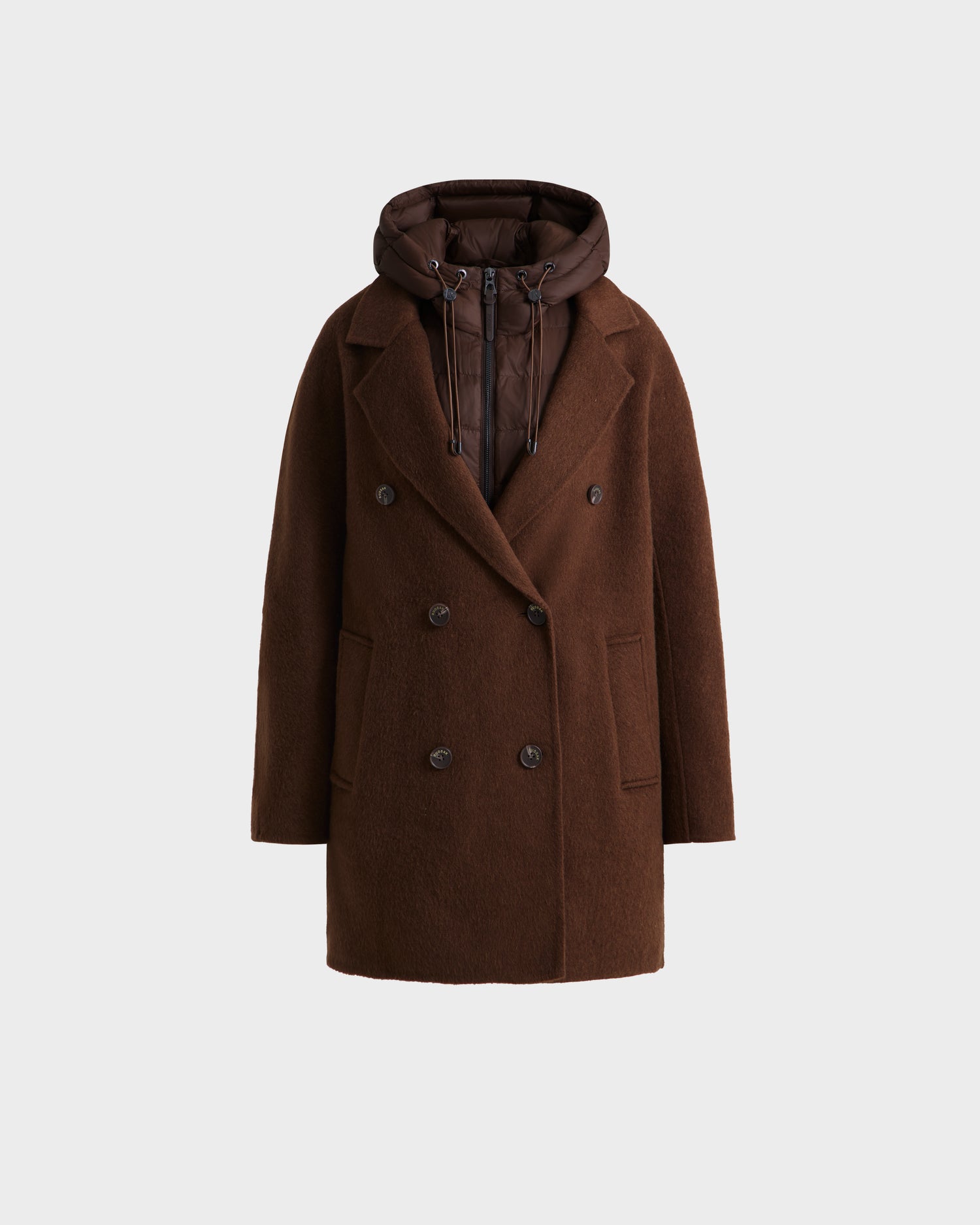 The Rudsak BETHANY - 8125625 Mocha is a brown double-breasted modular coat with a notched collar, two front pockets, and an attached padded hood, shown against a plain white background.