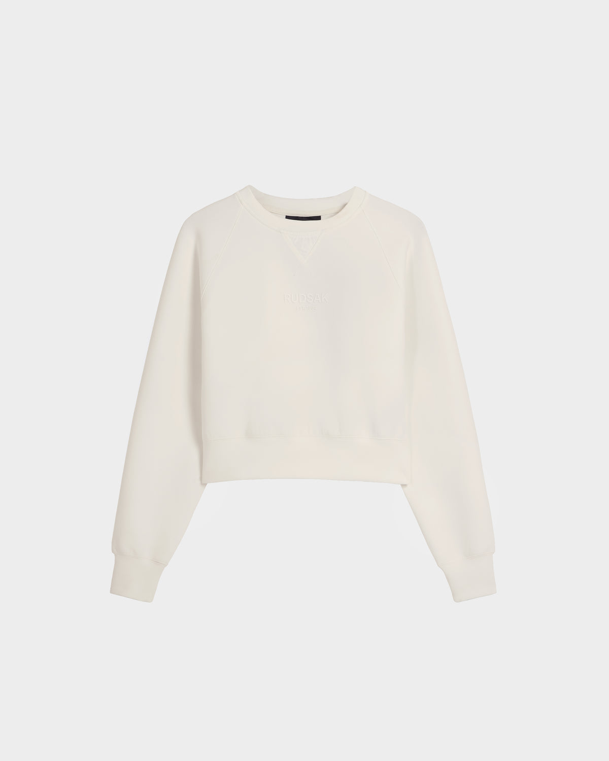 The BETSY - 8525087 Iceland by Rudsak is a women's premium cotton blend crop sweater with long sleeves, ribbed cuffs and hem, and a crewneck style, shown on a plain white background.