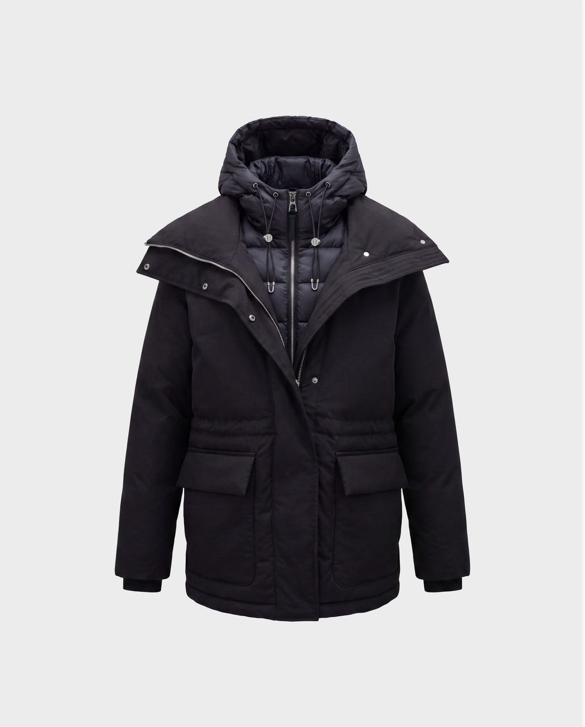 Rudsak BHIMA - 8126515 Black hooded parka with a quilted inner bib, wide collar, and two front flap pockets.