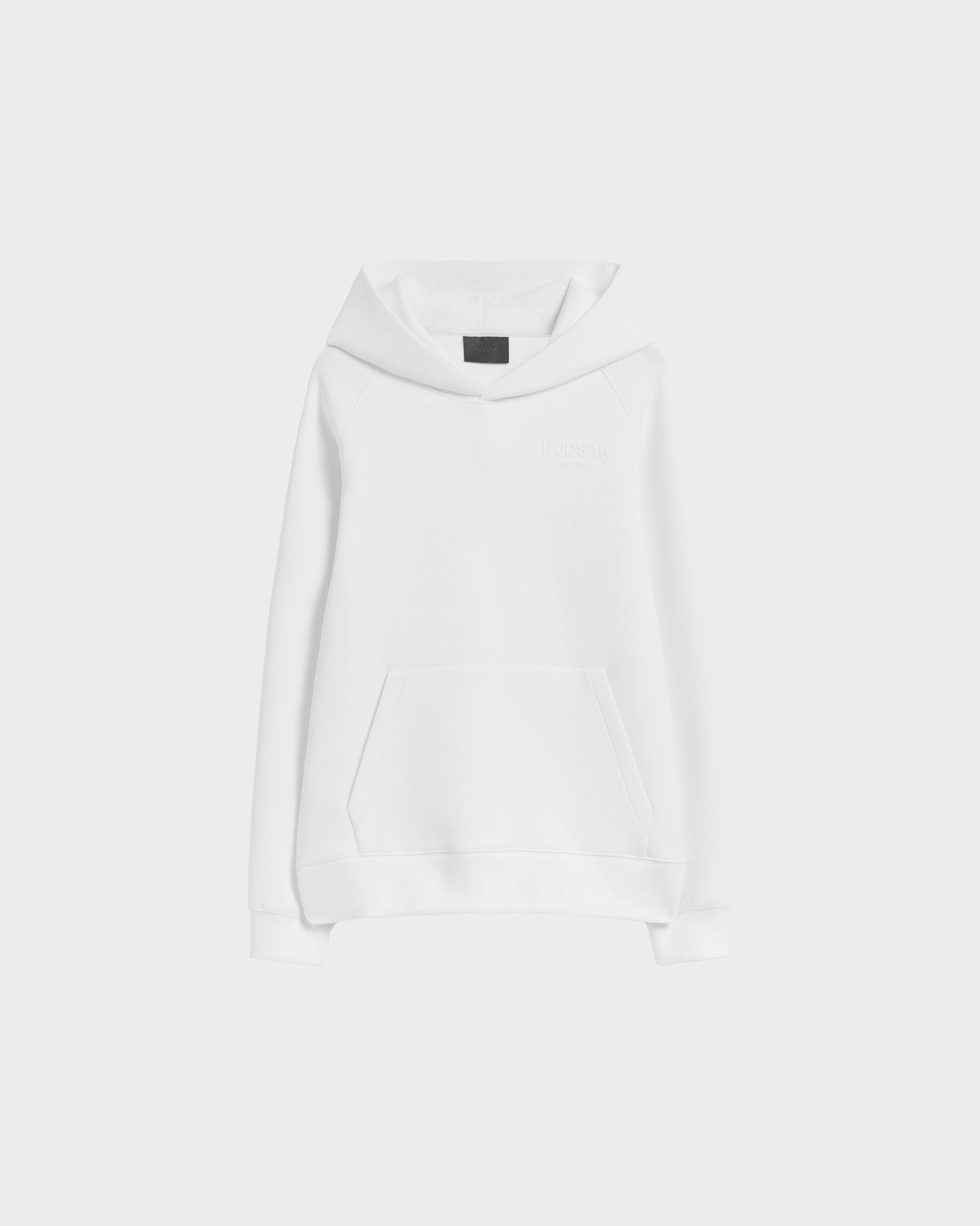 The Rudsak BRIAR - 9525001 Iceland W is a plain white unisex hoodie in a premium cotton blend with long sleeves and a front pocket, showcased against a light gray background.