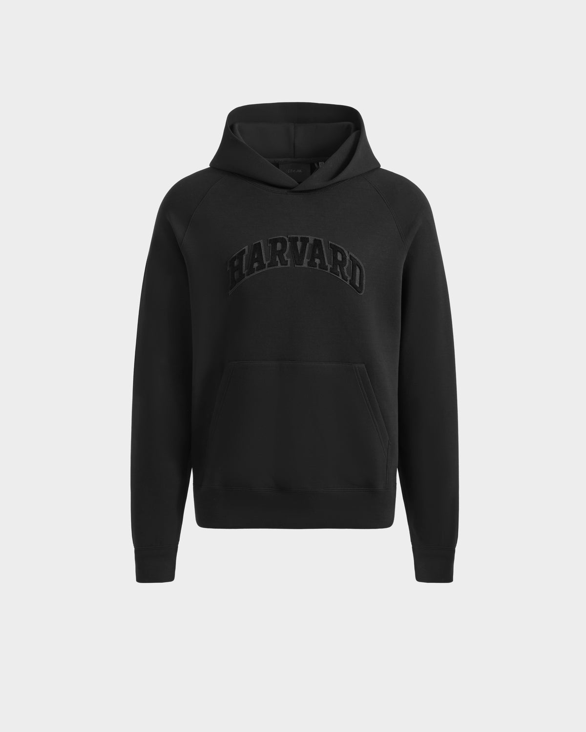 The BRIAR B HV - H525509 Black hoodie by Rudsak features a front pocket, bold arched HARVARD lettering, hood, and long sleeves. This limited-edition piece is displayed against a plain white background.