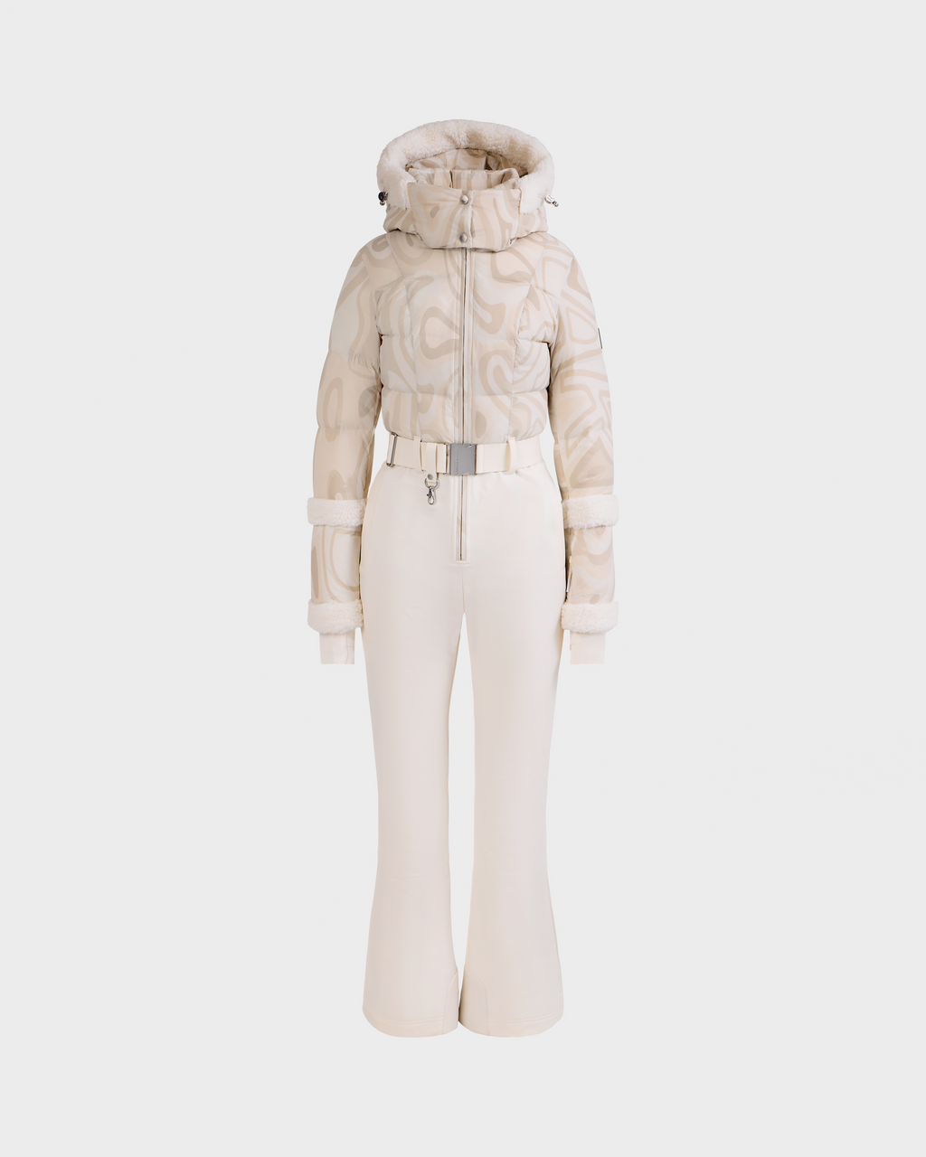 A mannequin showcases Rudsak's CARMEN P - 8125707 Vanilla Deja vu: a cream-colored belted puffer jacket with a subtle swirl pattern and matching high-waisted pants, perfect for ski or cold weather wear.