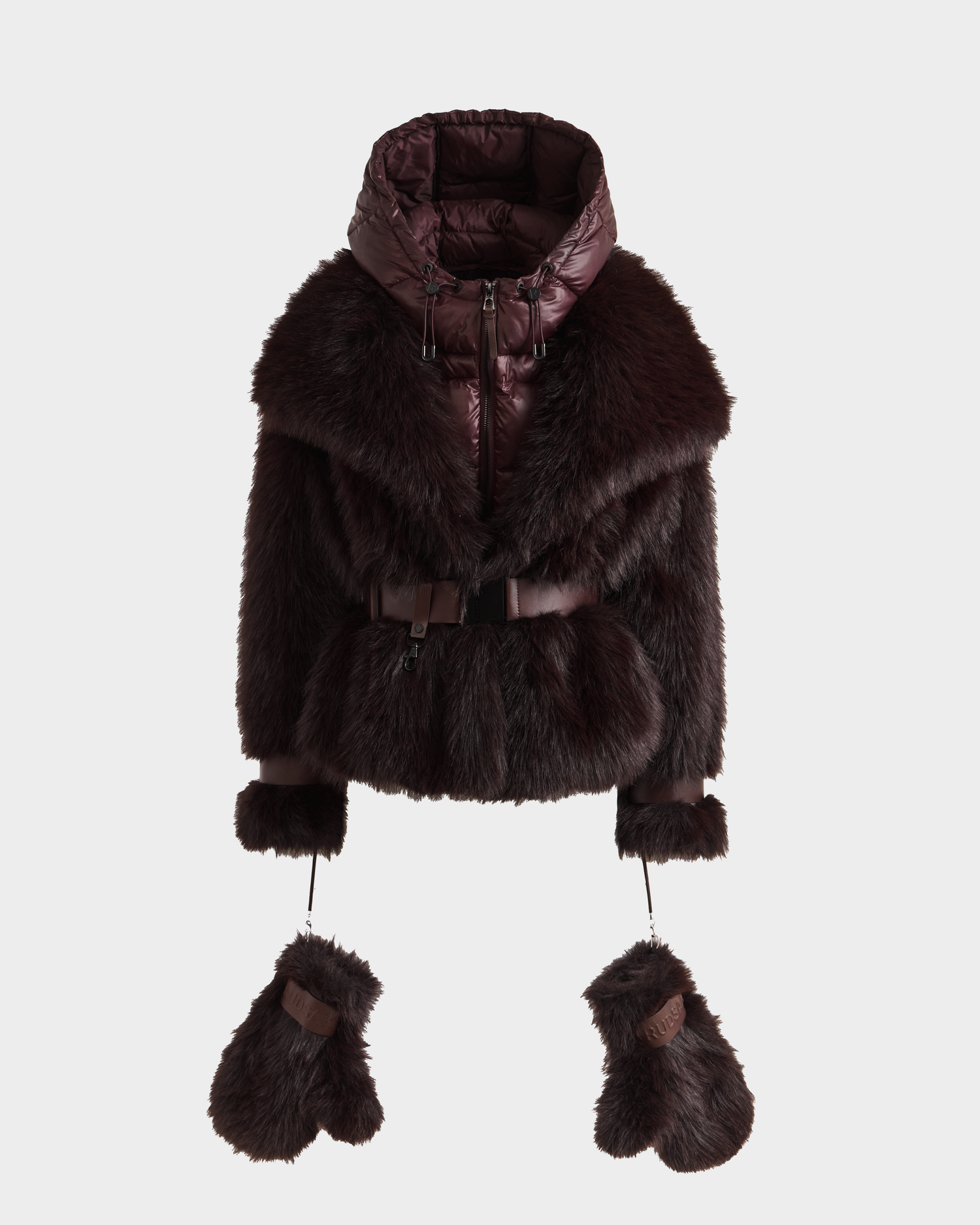 The Rudsak CHLOE - 8125619 Bordeaux is a dark brown women's faux fur jacket with a puffy hood, deep collar, belted waist, and matching furry mittens attached by cords—shown on a white background. Perfect for winter style.