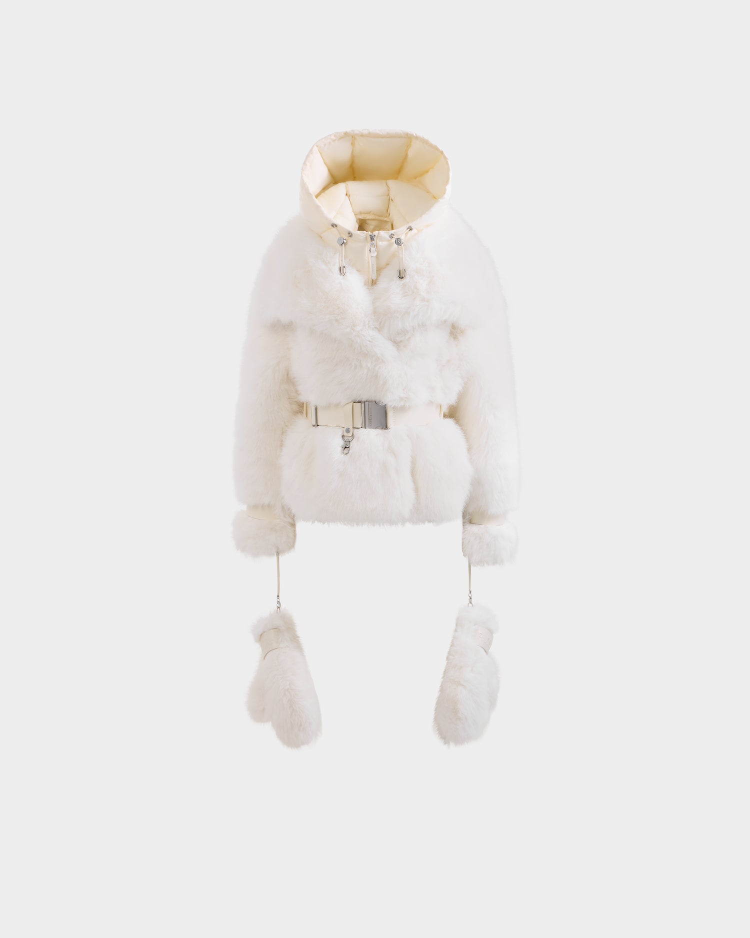 The CHLOE - 8125619 Iceland by Rudsak is a white women's faux fur jacket with a cropped fit, satin-lined hood, front zipper, adjustable belt, and matching fur mittens attached by strings—displayed against a plain light background.