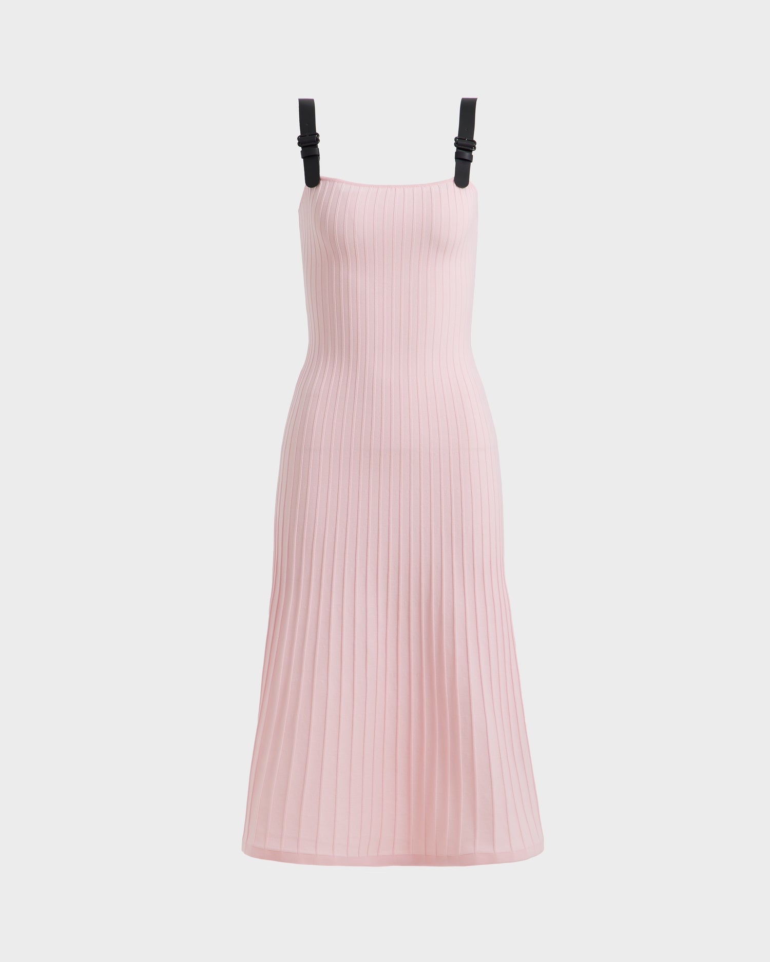 The Rudsak BENICIA - 8525072 is a sleeveless, light pink ribbed knit midi dress featuring a square neckline and vegan leather shoulder straps, shown against a plain white background—perfect for spring.