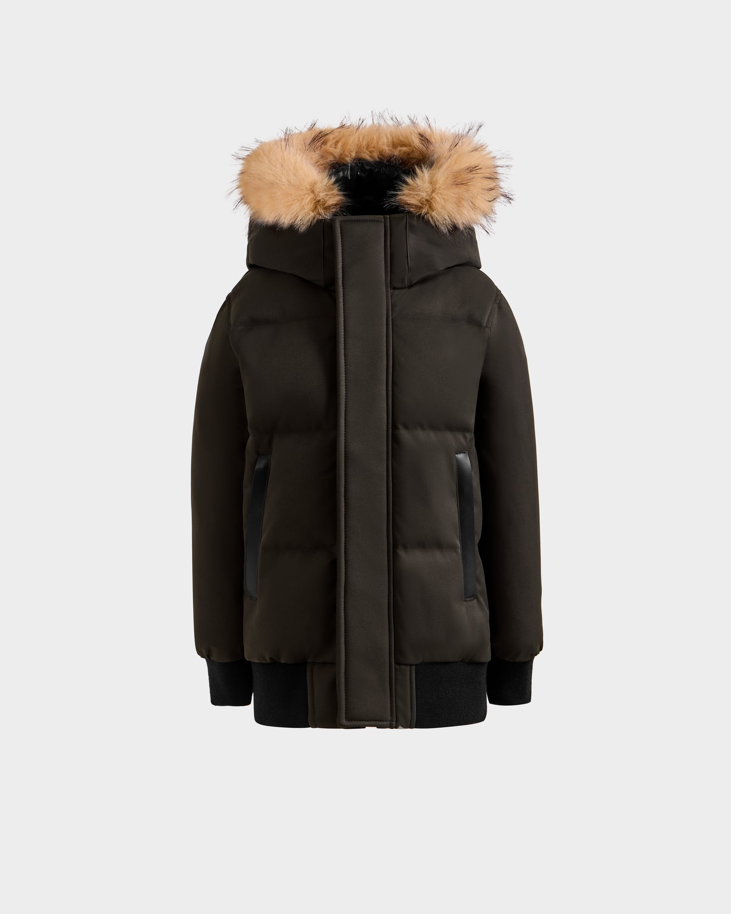The Rudsak DALLAS K - K125501 Dark Olive puffer jacket features a hood with brown faux fur trim, black side pocket accents, and black ribbed cuffs and hem, shown against a plain light gray background.