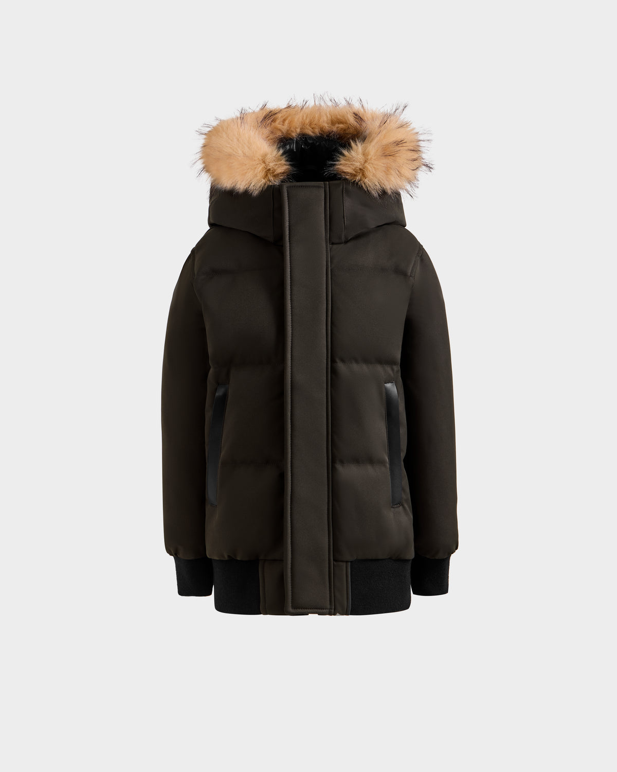 The Rudsak DALLAS K - K125501 Dark Olive puffer jacket features a hood with brown faux fur trim, black side pocket accents, and black ribbed cuffs and hem, shown against a plain light gray background.