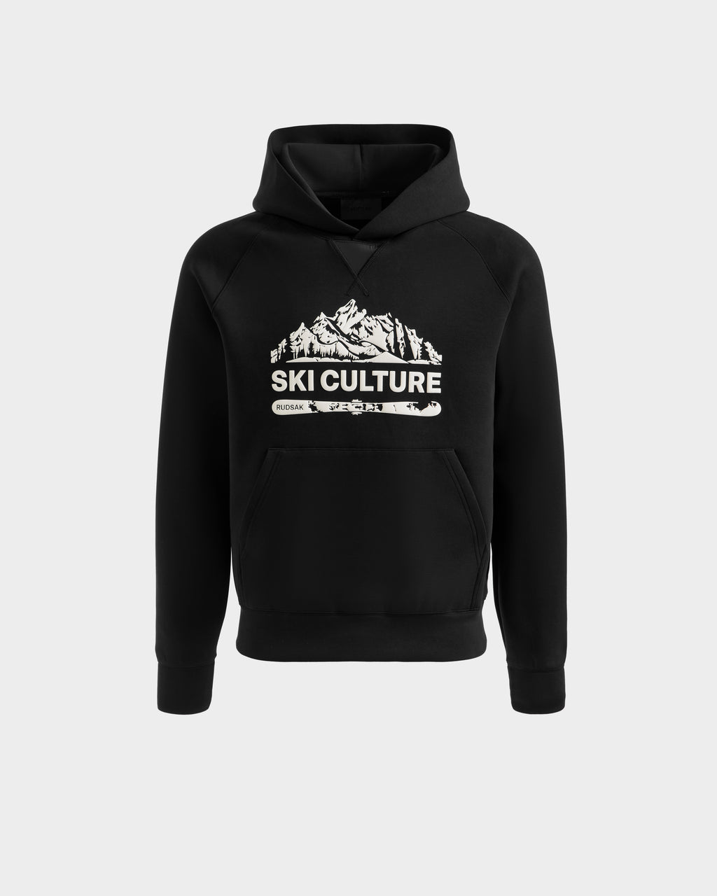 The Rudsak DARWIN - M525502 Black men’s hoodie is crafted from soft cotton-blend fleece, with a front pocket and chest graphic of snow-covered mountains, crossed skis, and bold "SKI CULTURE" lettering.