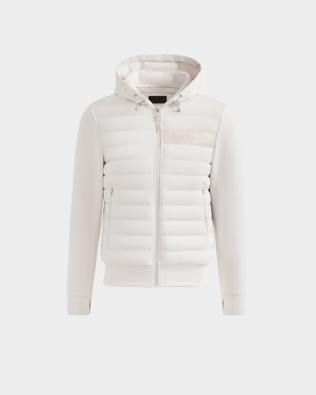 The Rudsak DEE MP - 6125673 Vanilla is a white men's down jacket with a hood, front zipper, horizontal body quilting, smooth sleeves, subtle chest branding, and RDS-certified duck down. Shown against a plain white background.