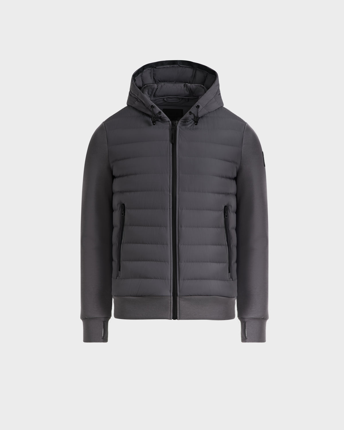 The Rudsak DEE MAT - 6124028 Grey is a mens lightweight, dark gray hooded down jacket with a zip front, side pockets, ribbed cuffs, and hem, shown against a plain light gray background.