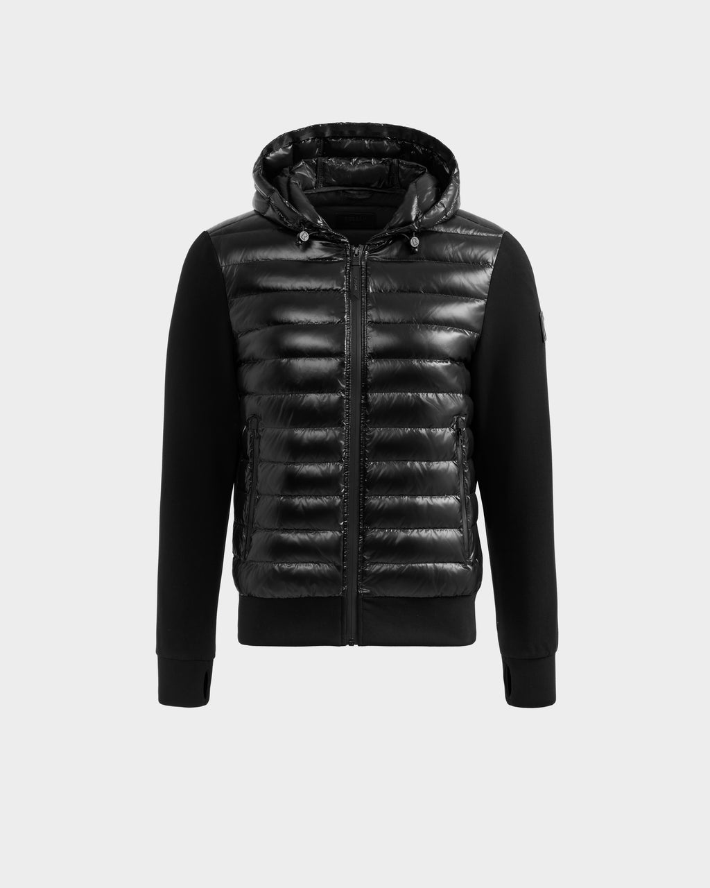 The Rudsak DEE S - 6125684 Black men’s lightweight down jacket features a quilted, shiny puffer-style front and hood with RDS-certified duck down, zip closure, and plain black sleeves and back, shown on a light gray background.