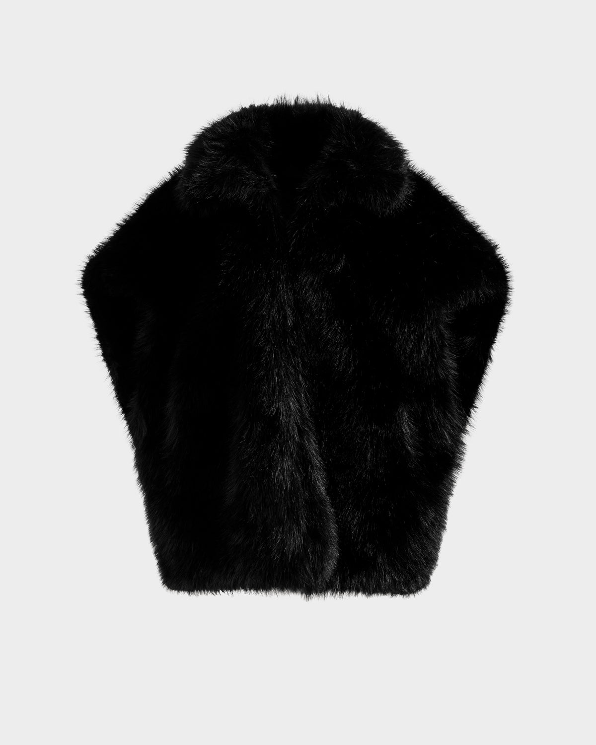 The DELFINA - 8525662 Black by Rudsak is a black faux fur vest with a soft, plush texture and a wide, rounded shape, shown on a light gray background. This buttonless vest is ideal for winter or transitional outfits.
