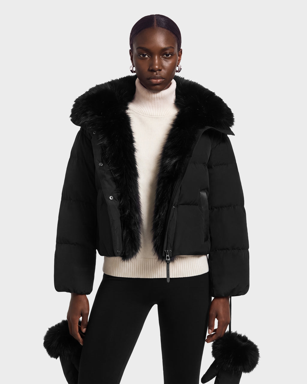 ALONDRA - 8126992 Black cropped puffer jacket with a black faux fur collar and matching faux fur cuffs.