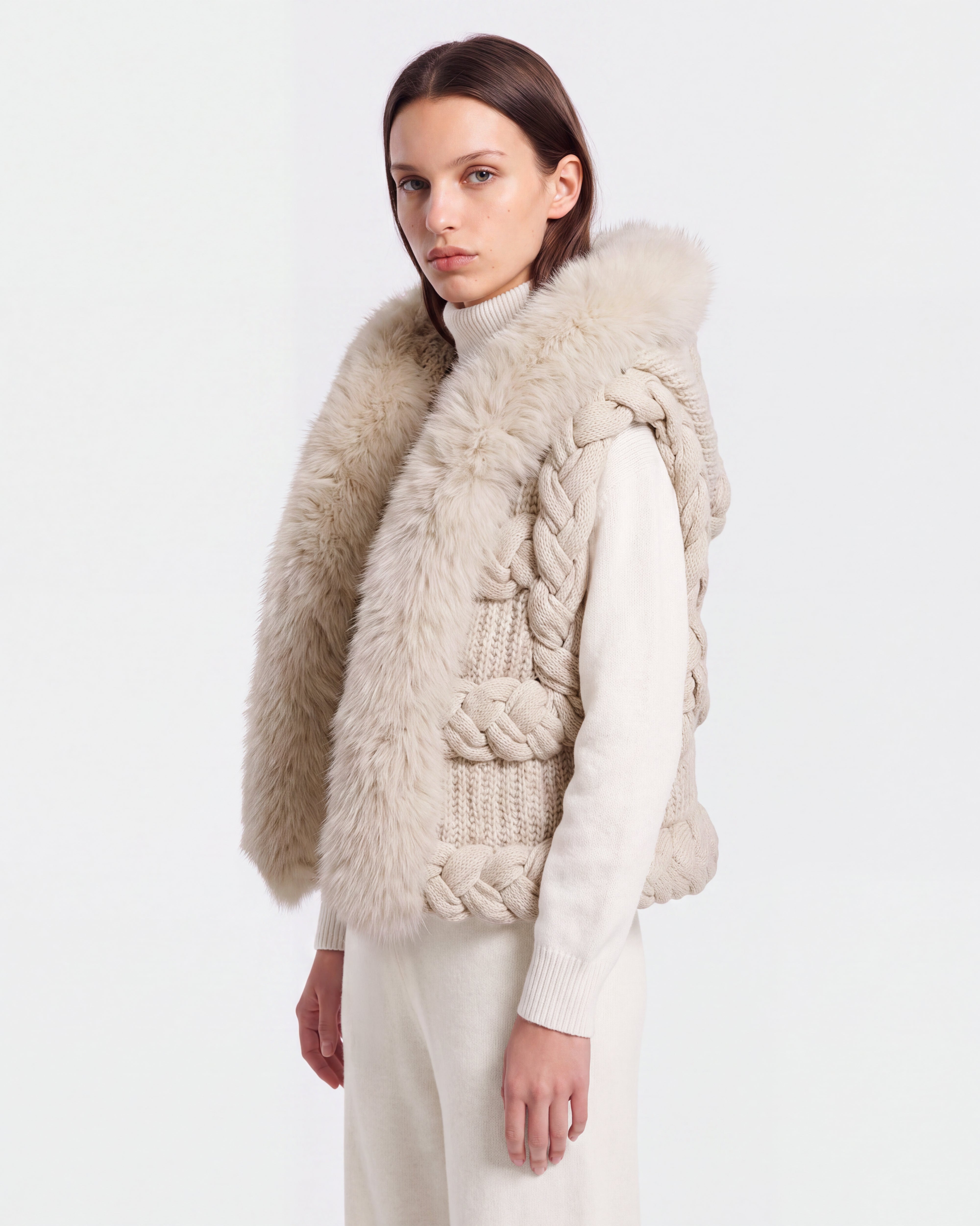 CICELY Vanilla Knit Vest: Braided, Faux Fur Hood