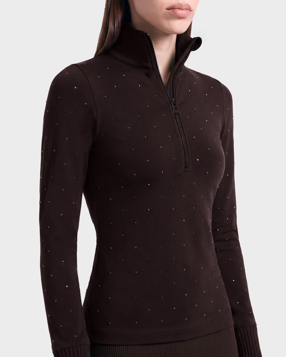 Rudsak NEVA - 8526524 Espresso dark brown, stretch nylon quarter-zip thermal long-sleeve top decorated with small, evenly spaced metallic studs, styled for après-ski.