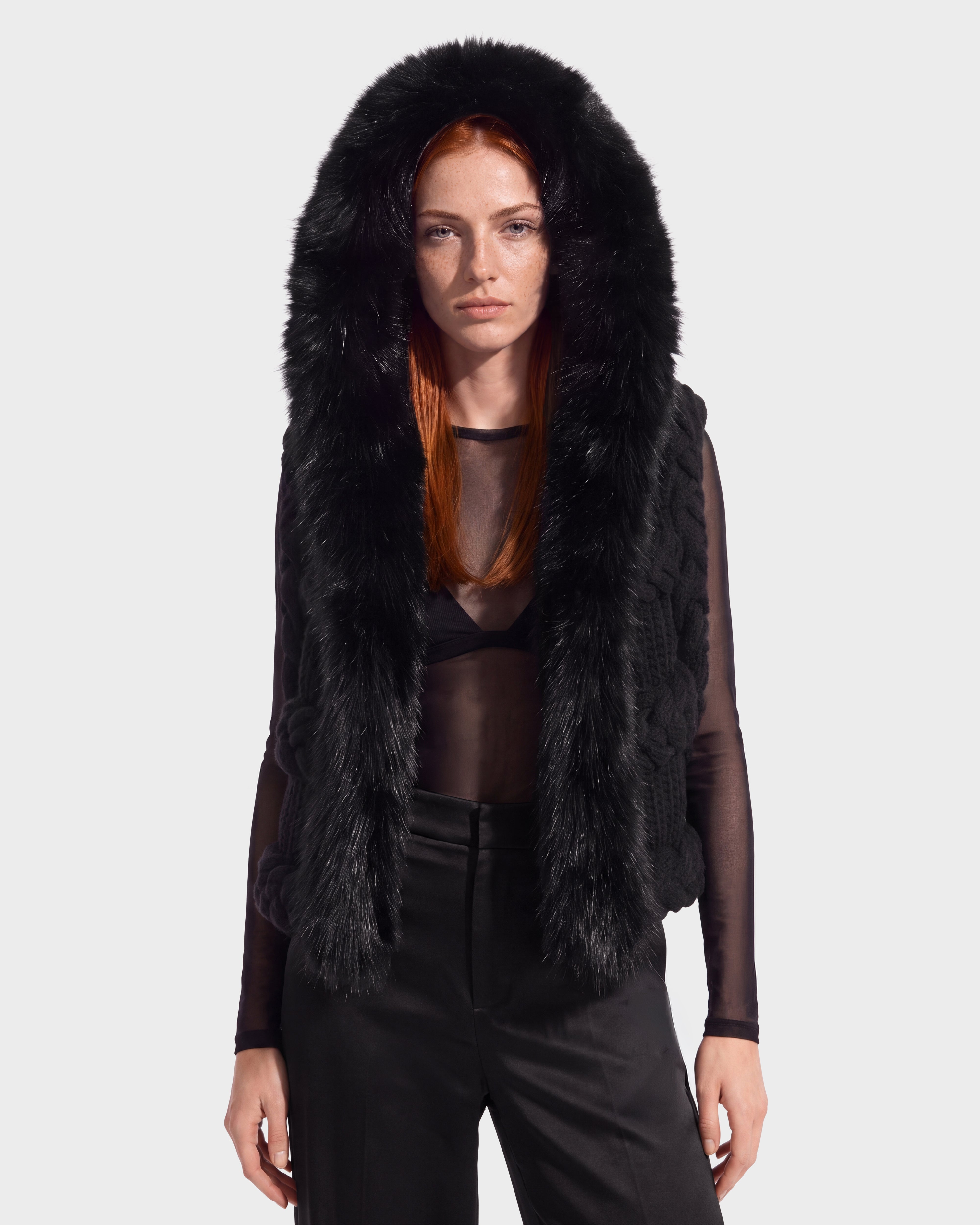 CICELY Black Braided Knit Vest - Faux Fur Hood – Rudsak