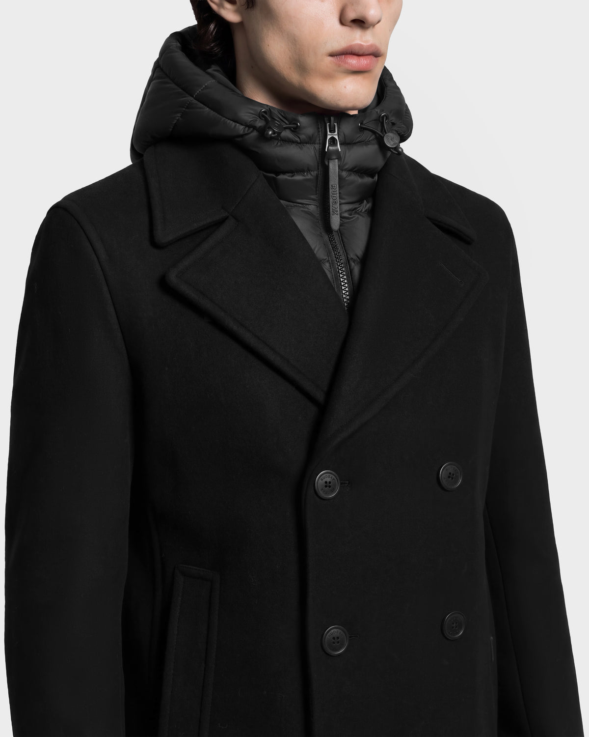 LUCIEN - 6126508 Black double-breasted wool-blend pea coat with a removable quilted hooded liner featuring duck down insulation.