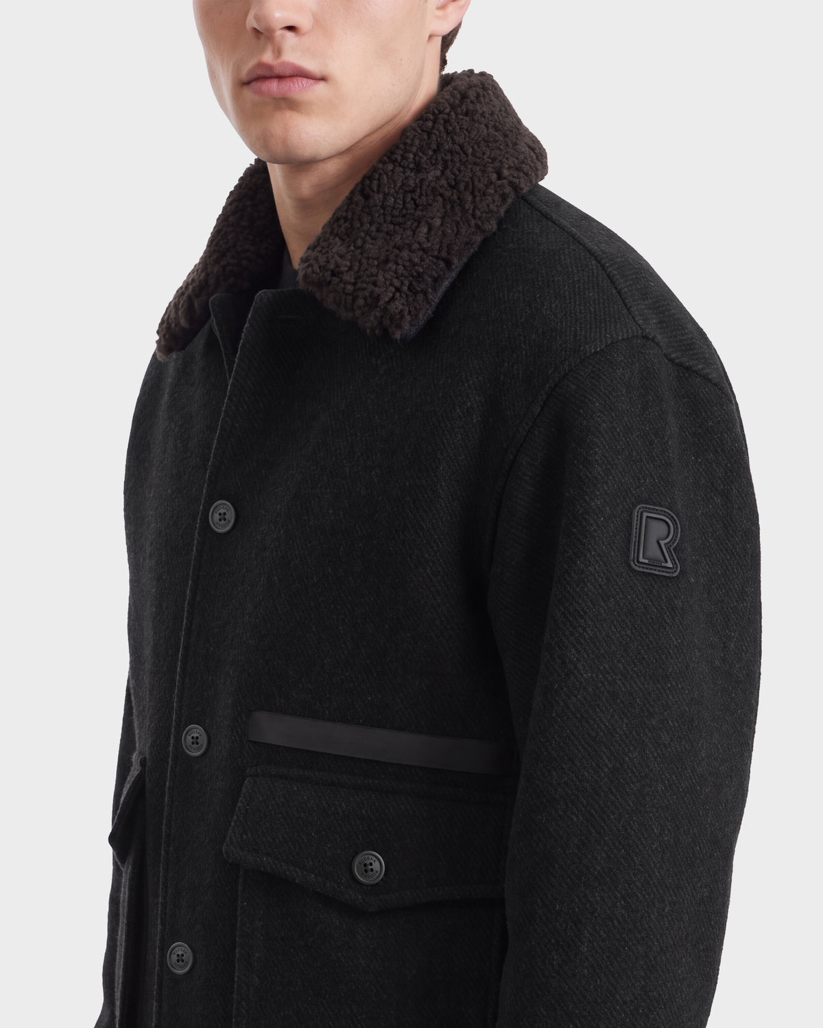 JULIUS - 6126723 Charcoal wool-blend jacket featuring a dark brown shearling collar and a logo patch on the sleeve.
